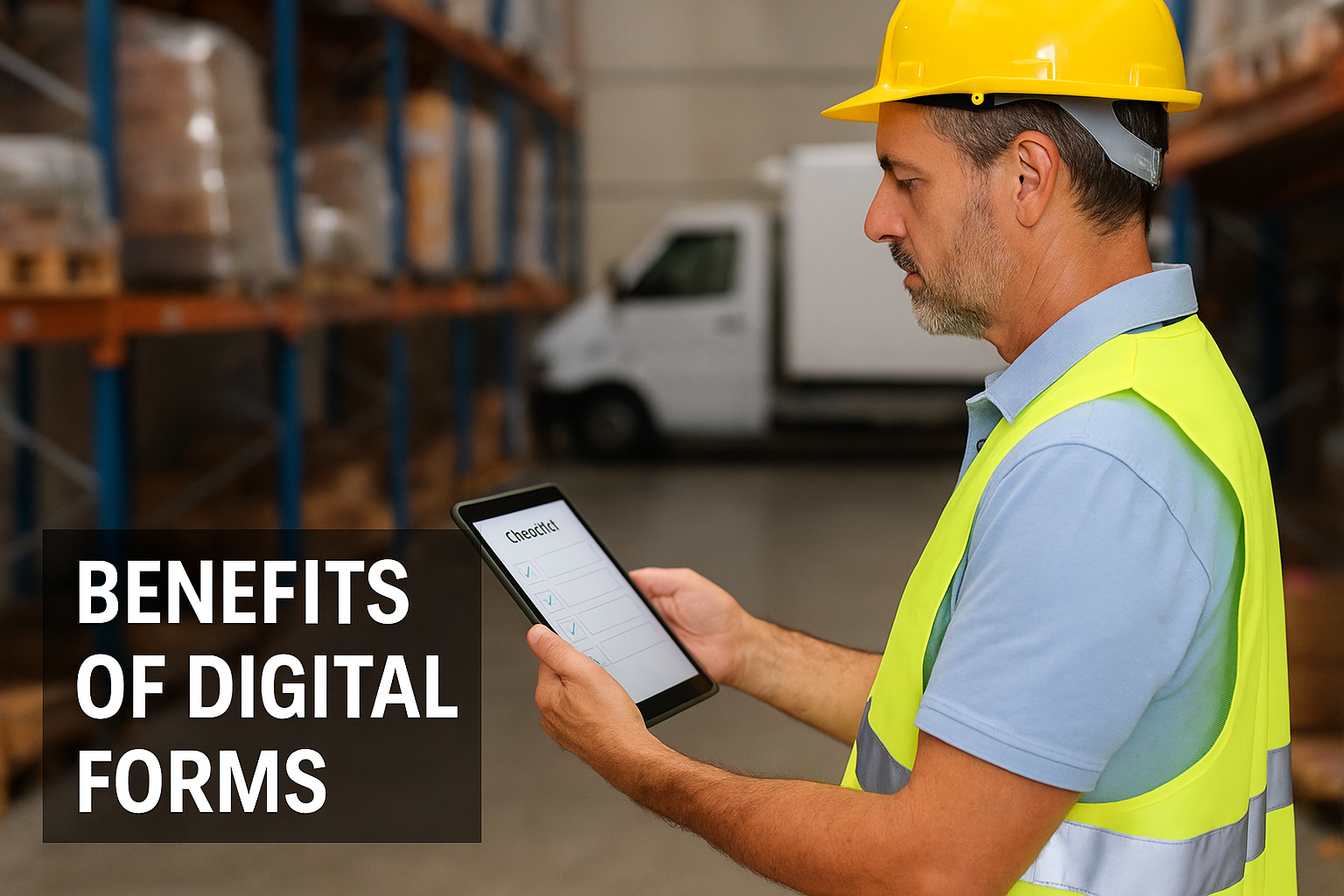 Benefits of digital forms – supervisor using a tablet with a checklist in a warehouse