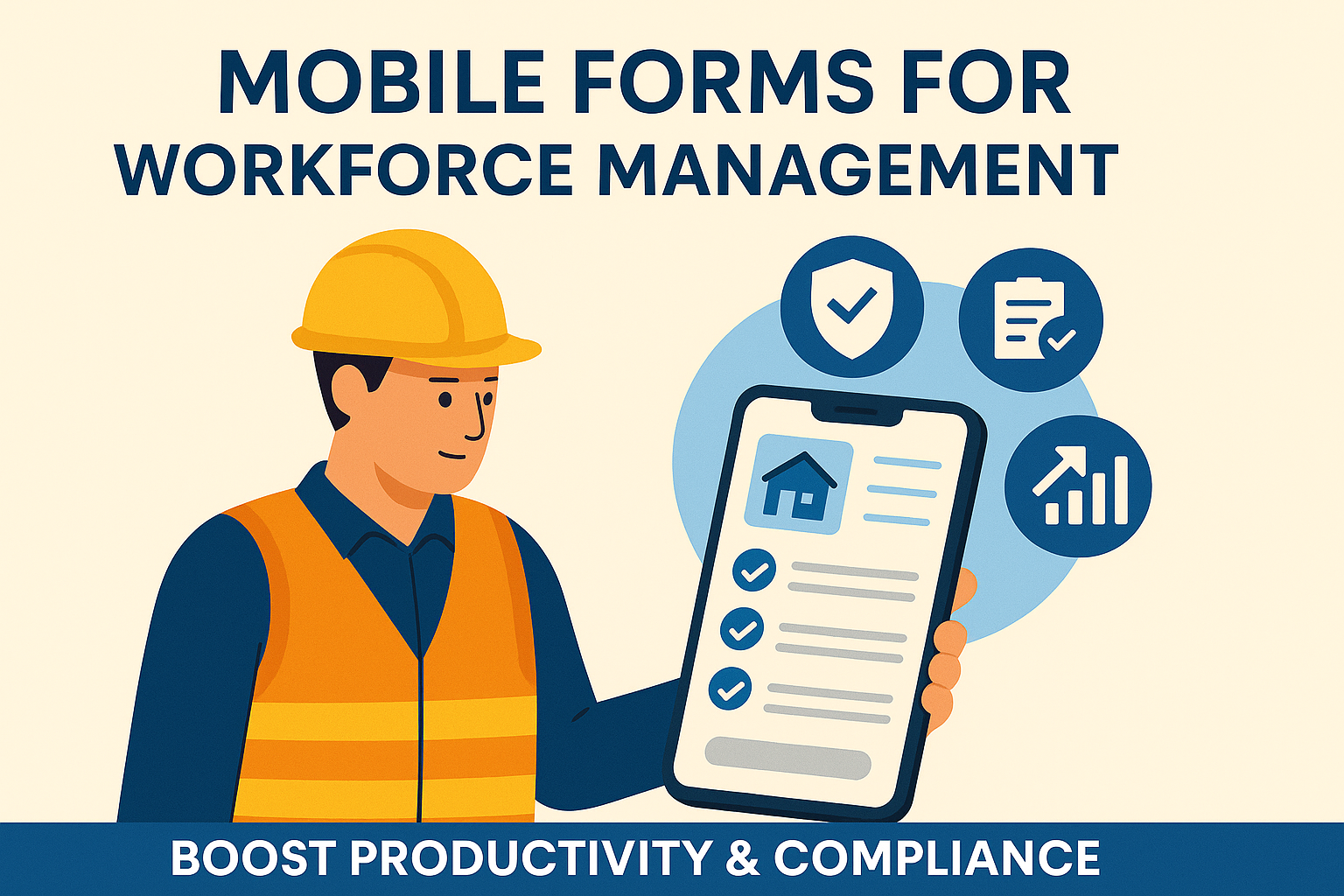 Mobile forms for workforce management – construction worker holding a smartphone checklist with icons for safety, organisation, and productivity.
