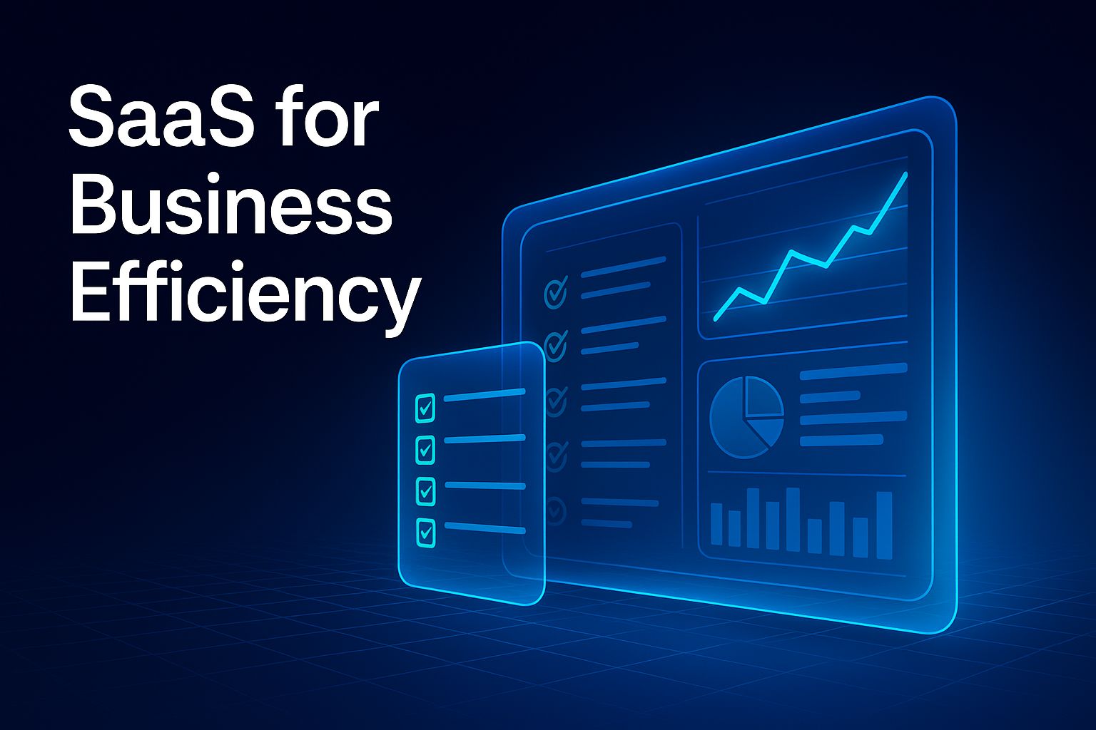 Futuristic blue SaaS dashboard with charts and a checklist, representing DIGI CLIP mobile forms improving business efficiency.