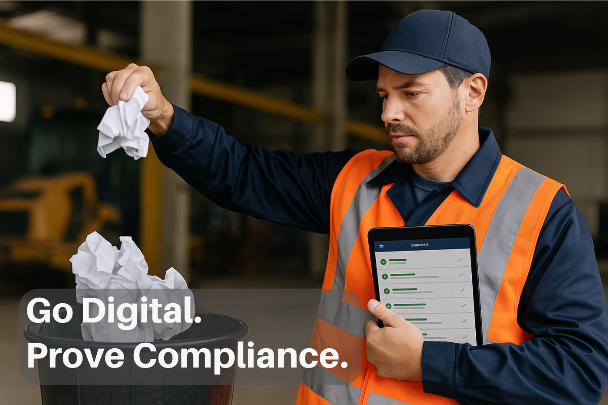 Worker throwing away crumpled paper forms while holding a tablet with a digital checklist, symbolising transition to digital compliance.