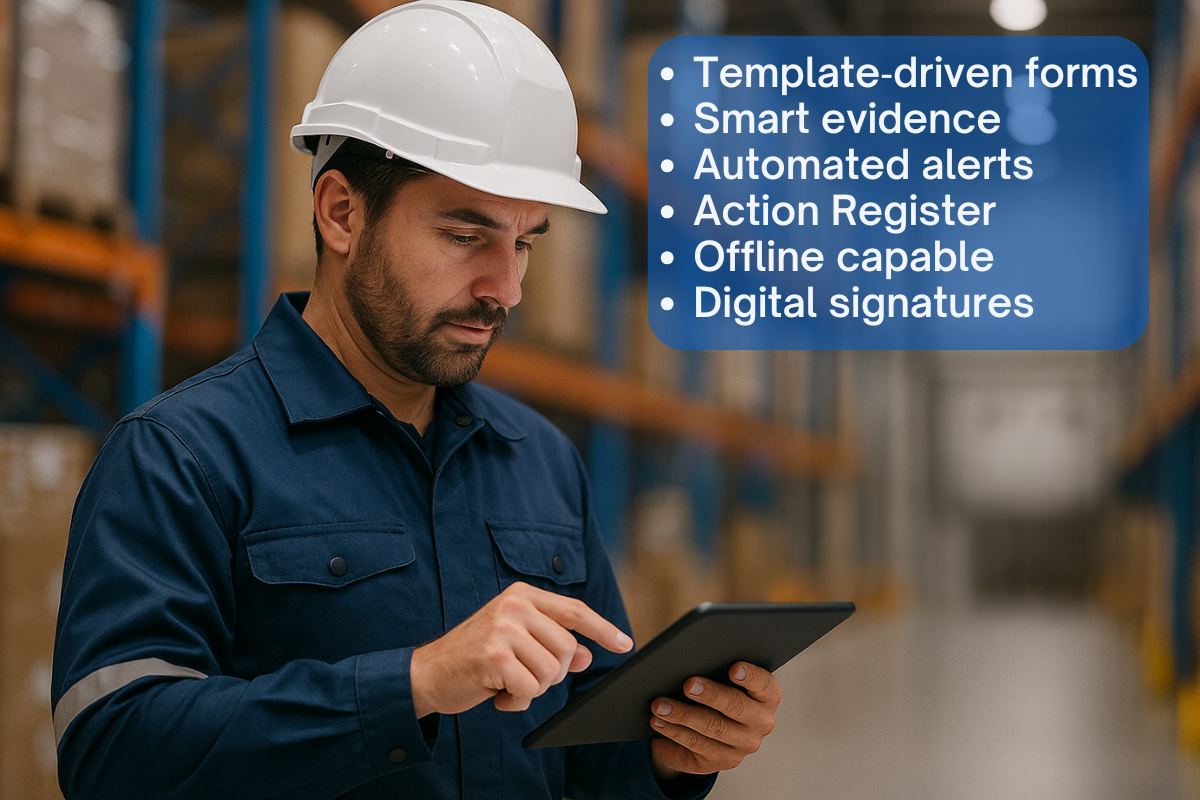 Worker using a tablet for mobile data capture, with feature overlay in a warehouse.