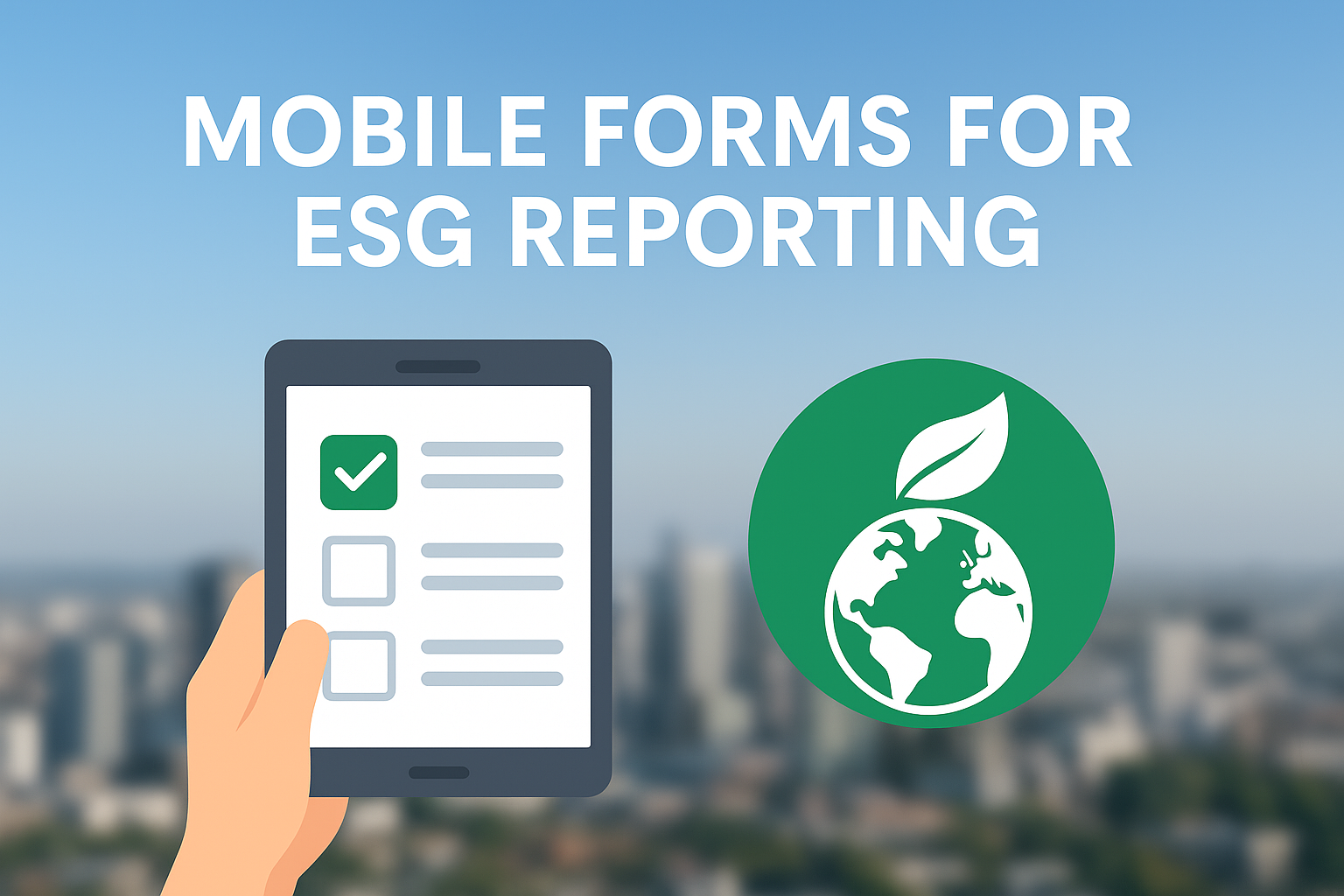 Mobile forms for ESG reporting with tablet checklist and green sustainability icon