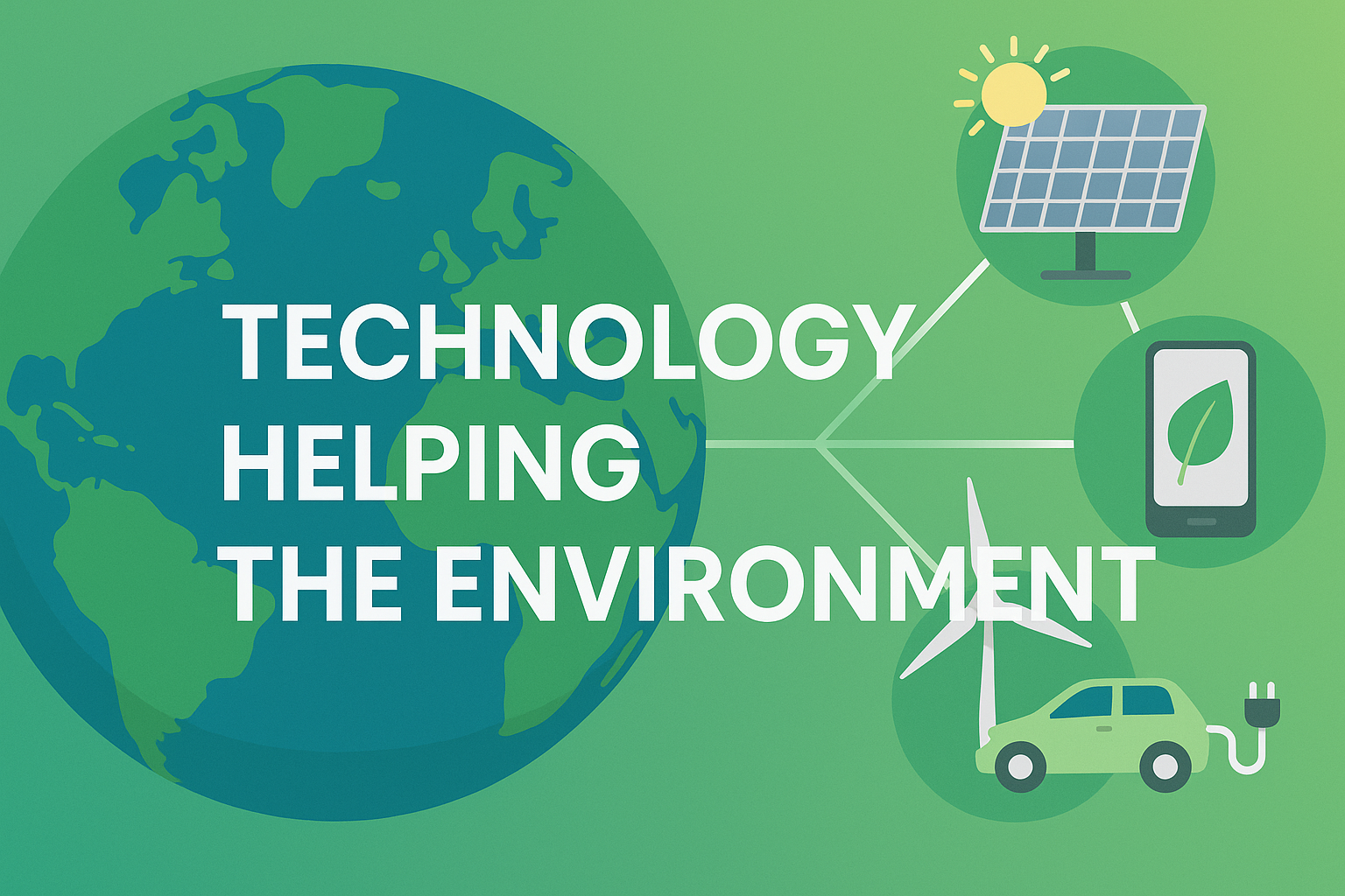 Digital illustration showing the Earth with icons of solar panels, wind turbines, an electric car, and a smartphone symbolising technology helping the environment.