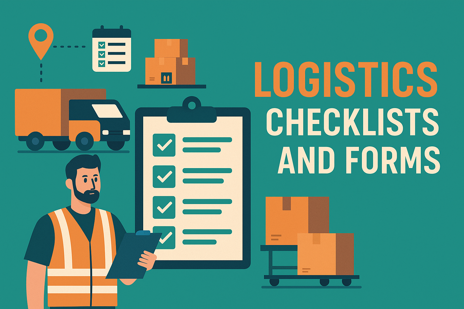 Flat-style illustration of logistics checklists and forms with worker, truck, boxes, and clipboard.