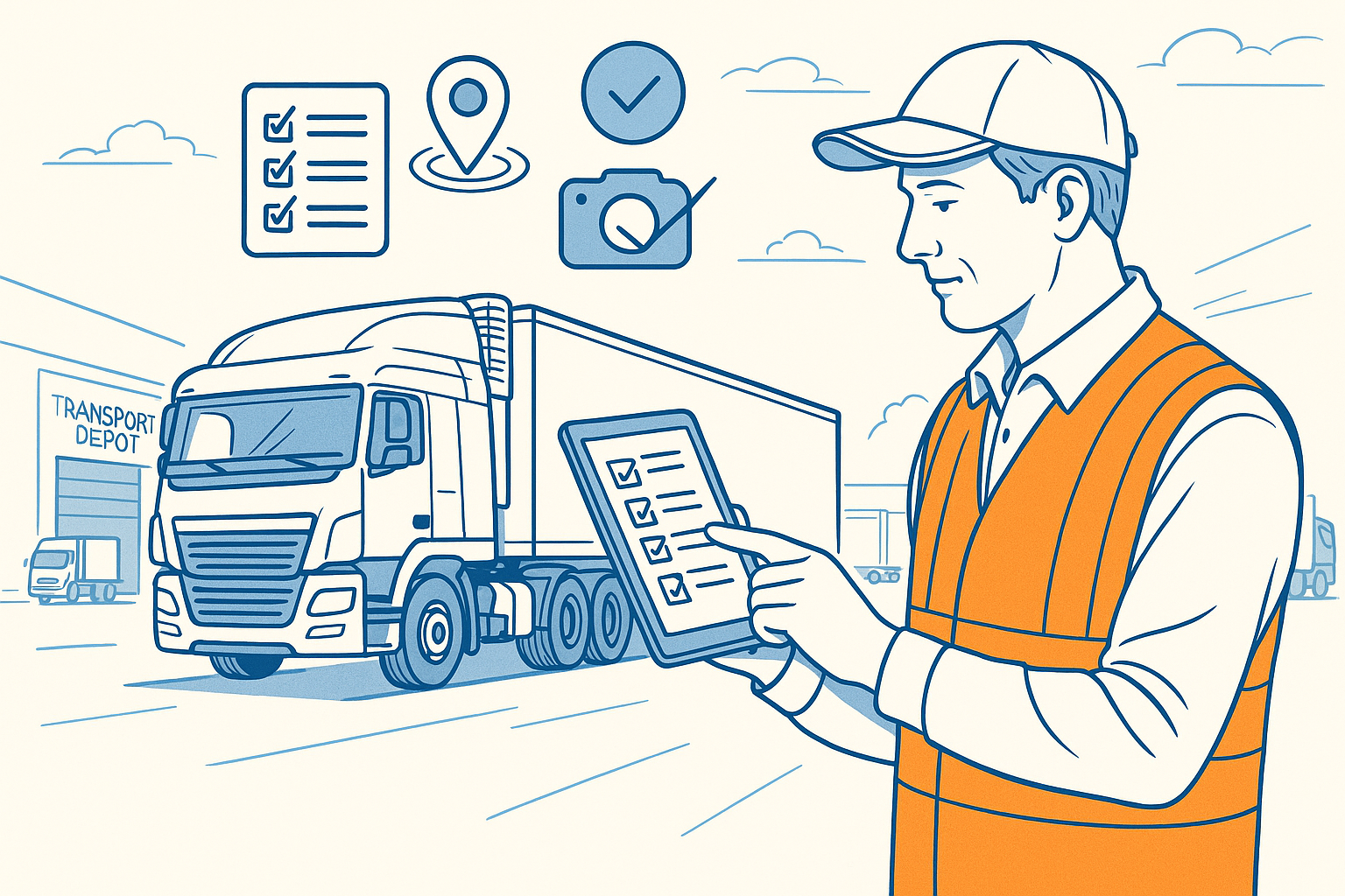 Line-style illustration of a truck driver using a tablet to perform truck safety compliance checks beside a semi-trailer at a transport depot
