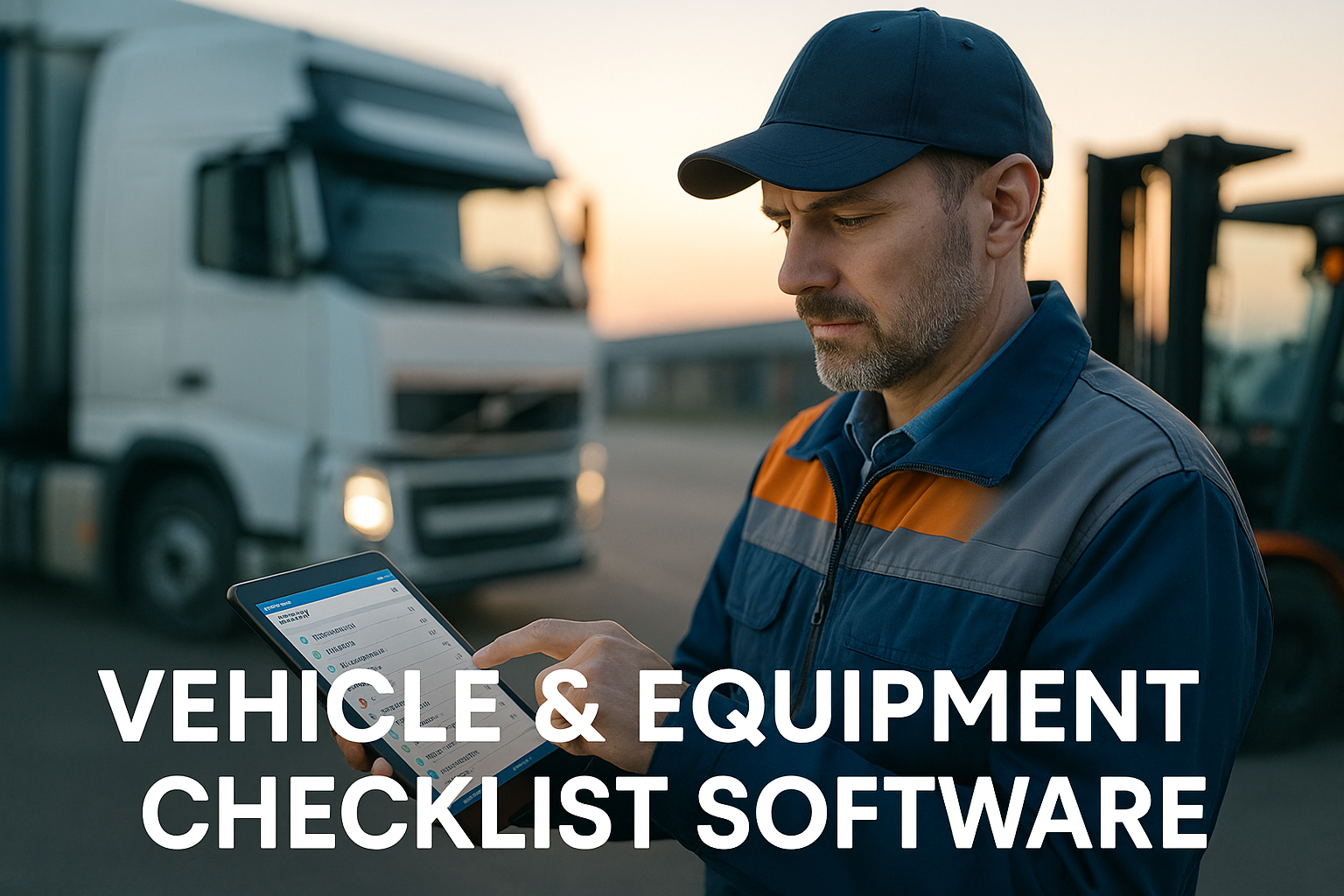 Technician using a tablet to complete a digital vehicle and equipment inspection beside a truck and forklift at dawn.