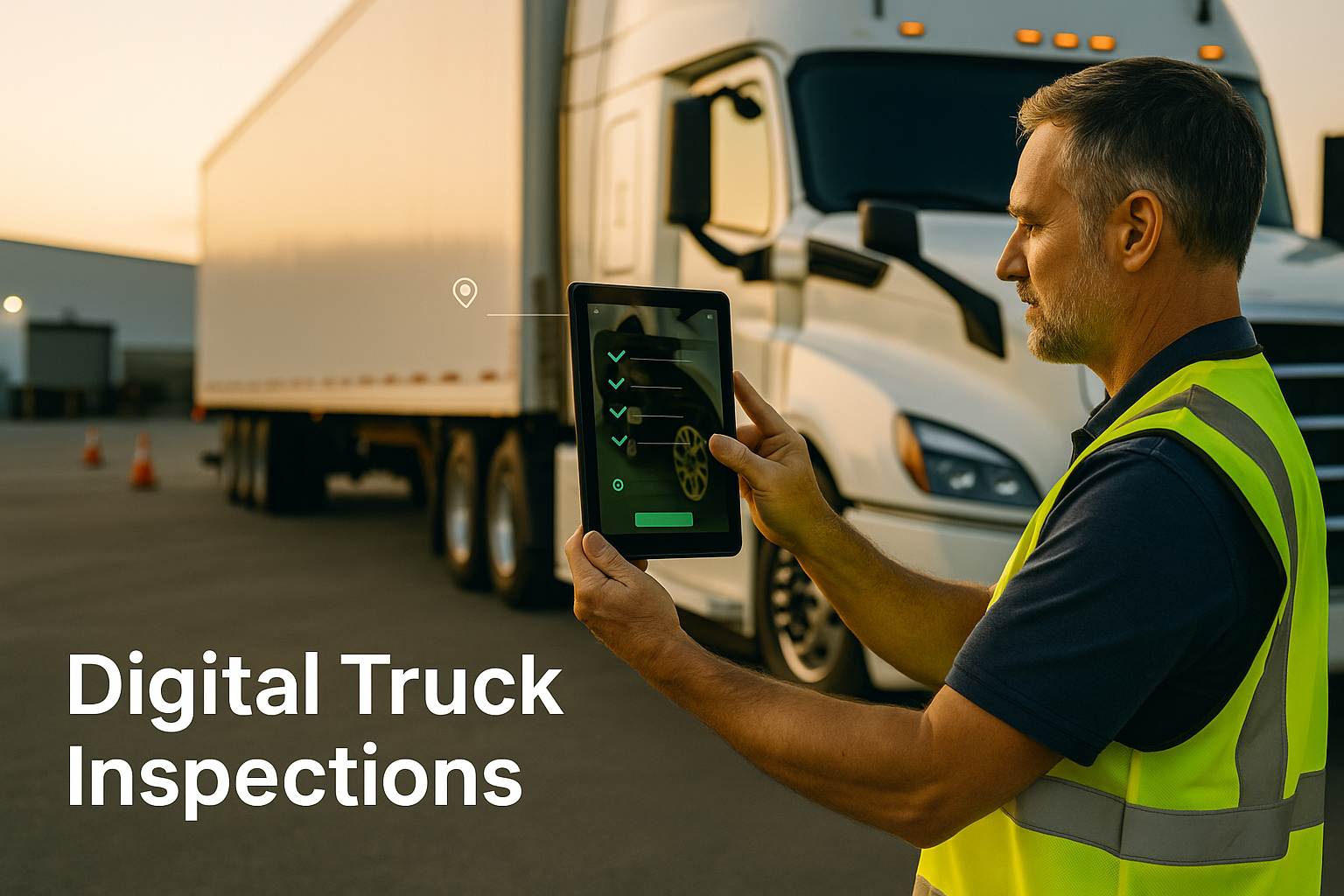 Driver using a tablet to complete a digital truck inspection beside a semi-trailer; green checkmarks and a geo-time stamp visible.