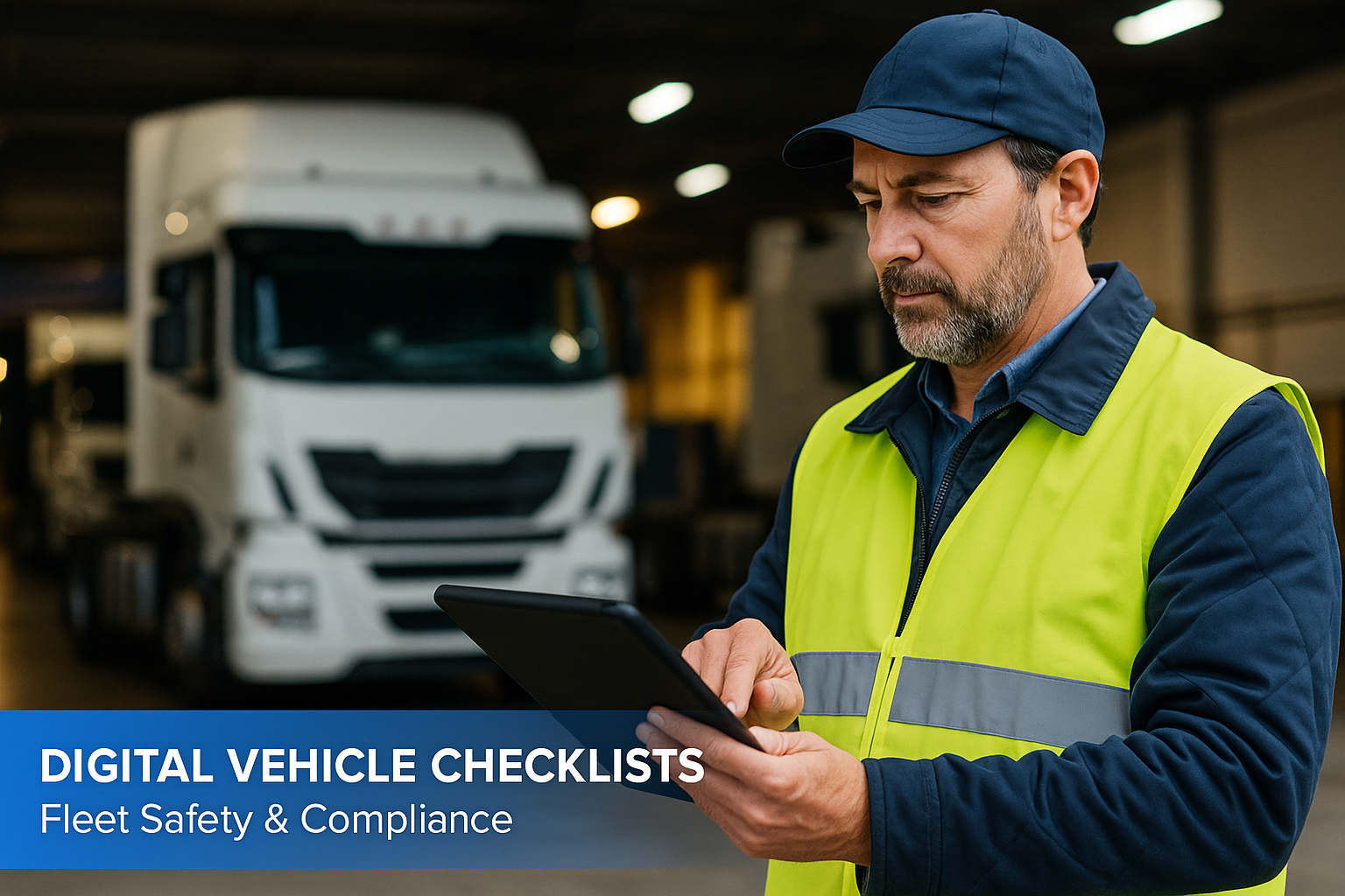 Truck driver in hi-vis vest using a tablet to complete a digital vehicle pre-start checklist in a depot, with semi-trucks in the background.