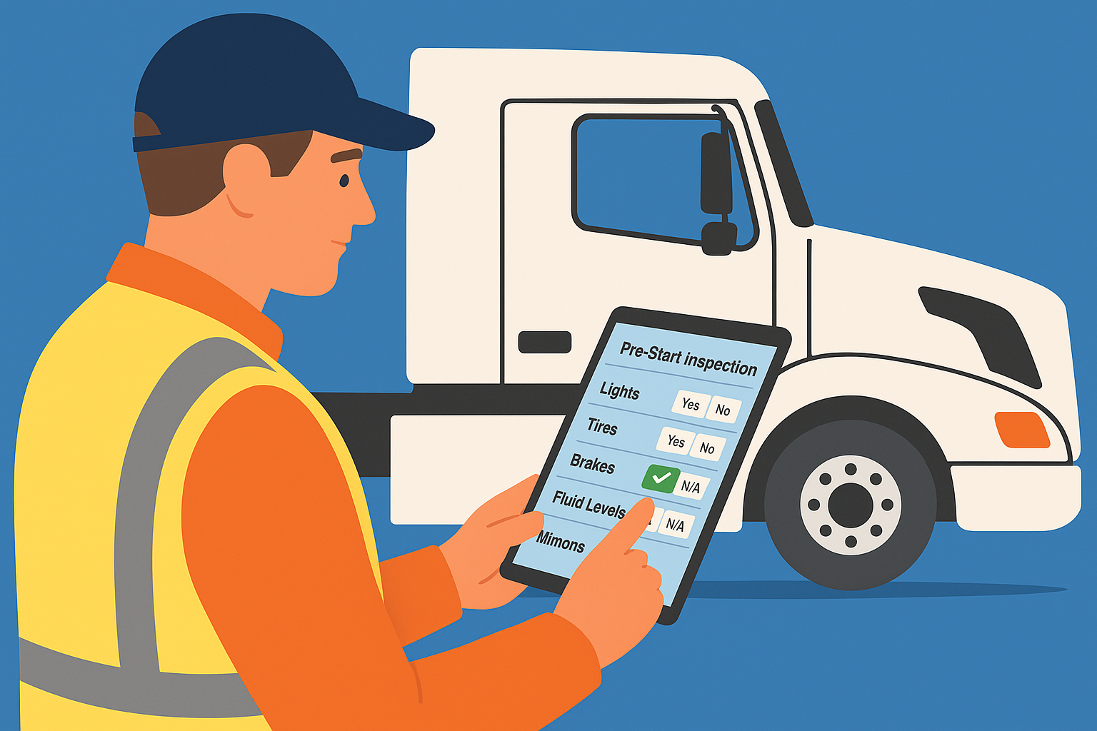 Flat vector illustration of a truck driver using mobile inspection software on a tablet during a pre-start truck check.