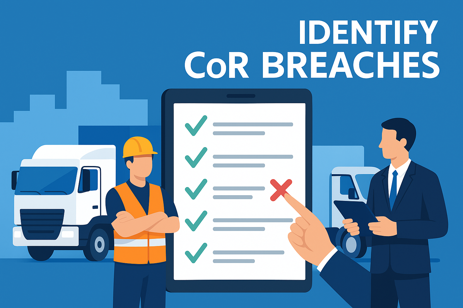 Flat vector illustration of trucks, drivers, and digital checklists highlighting Chain of Responsibility (CoR) compliance with DIGI CLIP