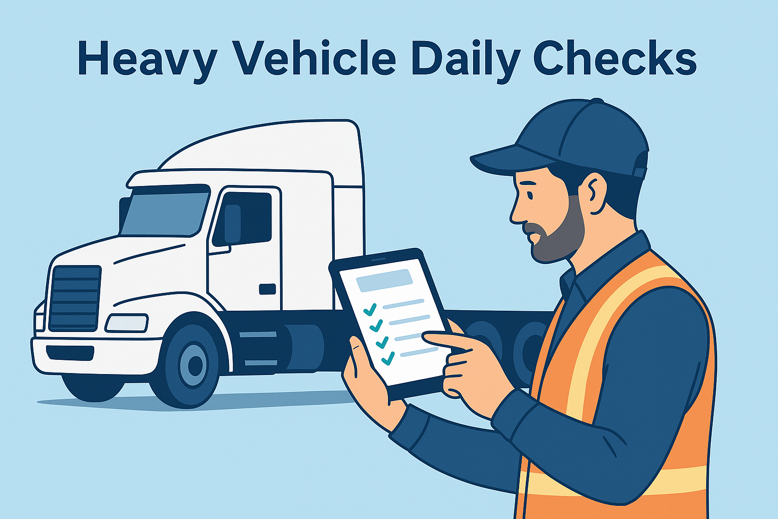 Driver completing heavy vehicle daily check with tablet