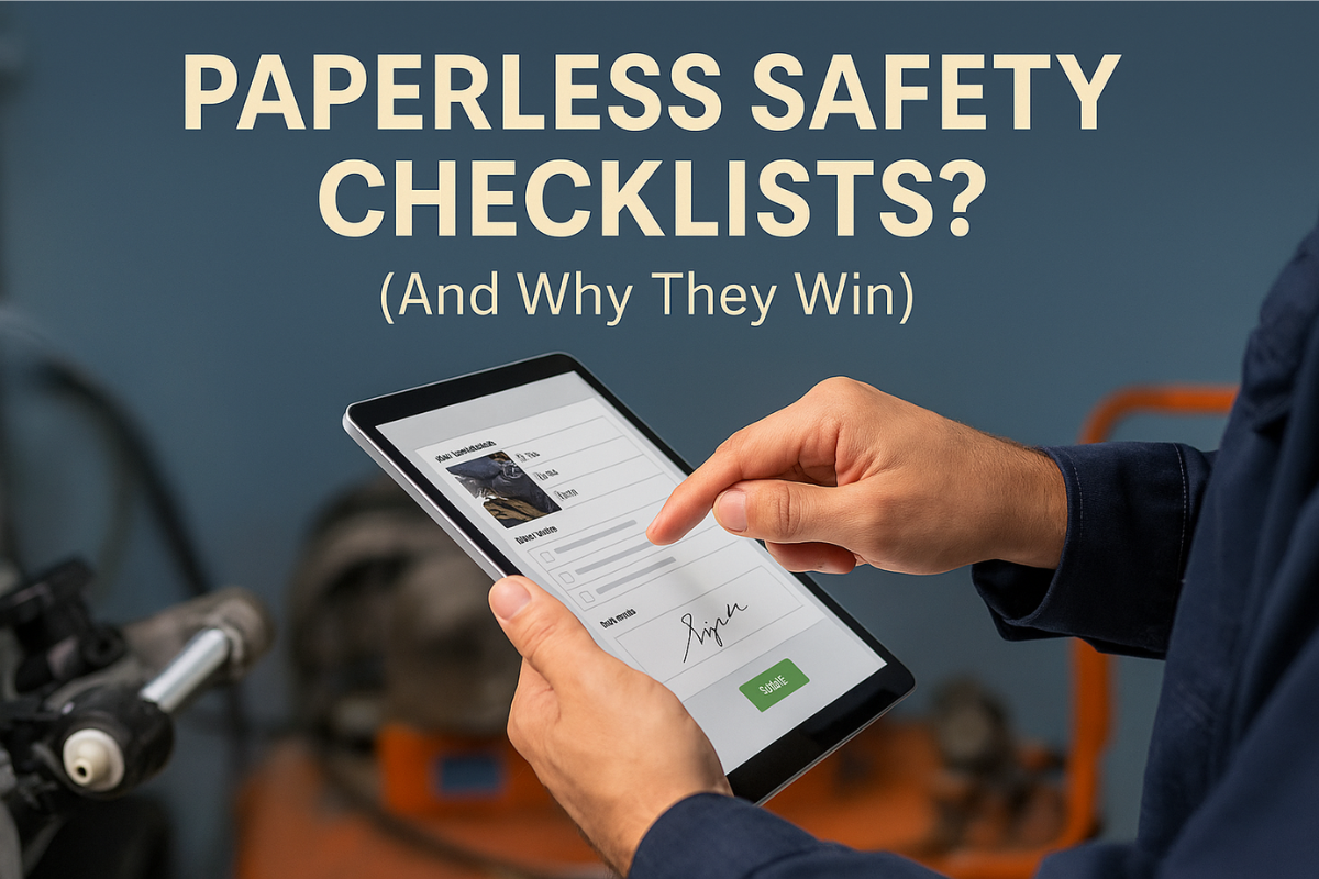 Safety inspector using a tablet for paperless safety checklists in a warehouse
