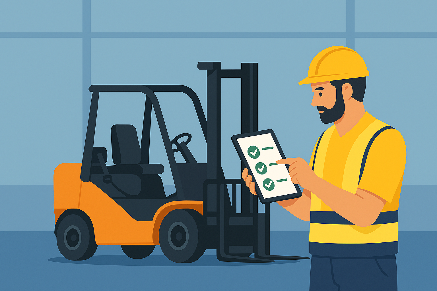 Flat vector illustration of a forklift operator in PPE using a tablet to perform digital pre-start safety checks beside an orange forklift in a warehouse.