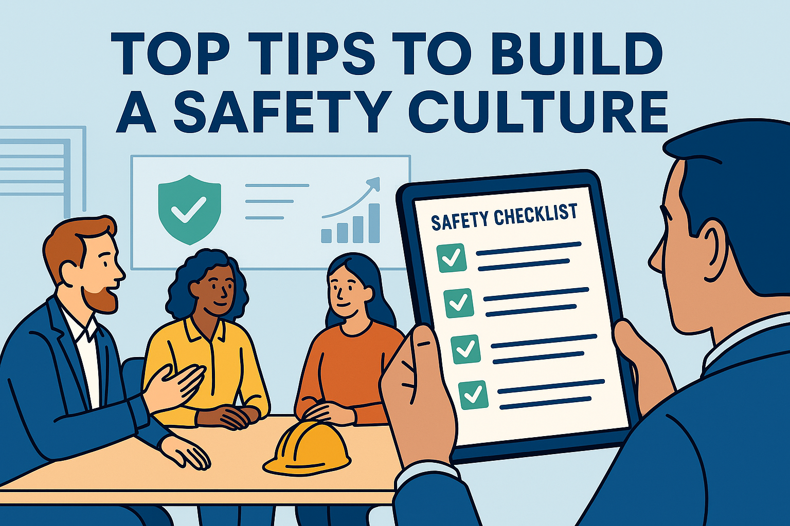 Office team reviewing a safety checklist on a digital tablet during a meeting to build a safety culture.