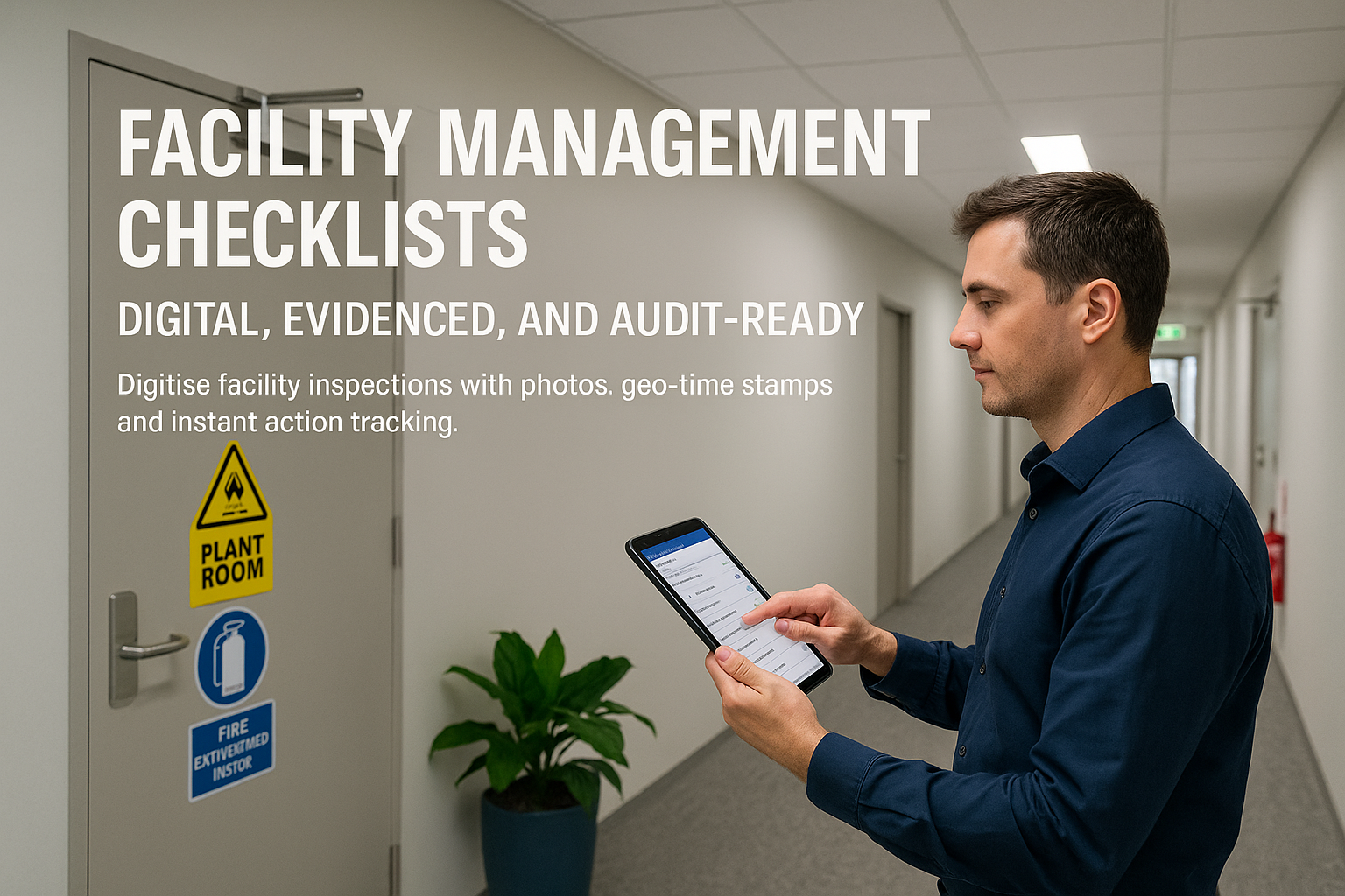 Facility manager using a mobile checklist app in a modern corridor with plant room signage.