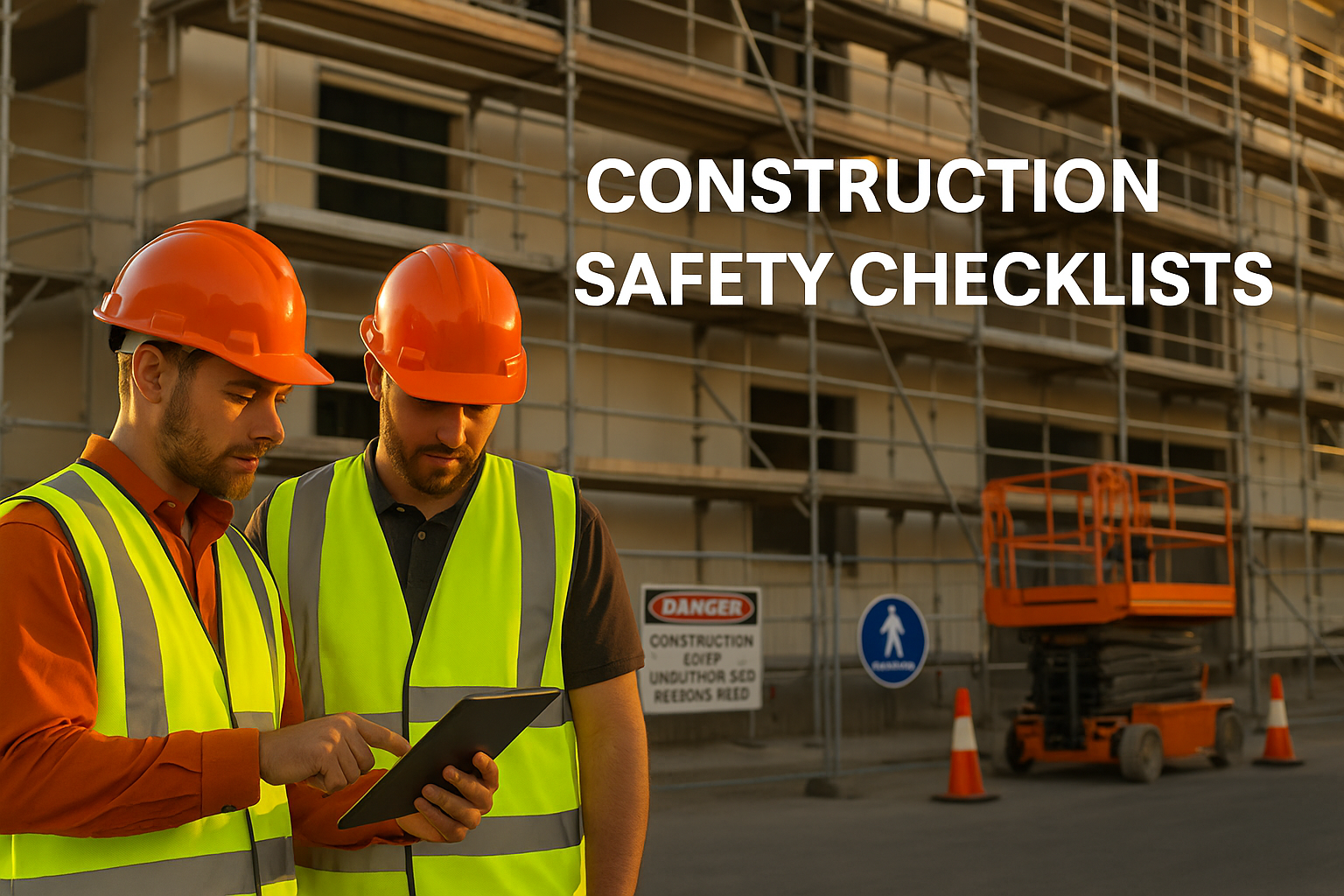Construction workers in hi-vis reviewing a digital safety checklist on a tablet at a scaffolded site.