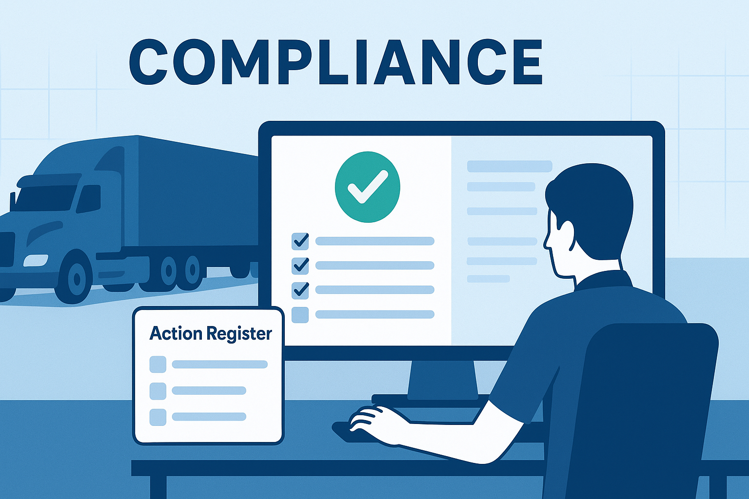 Flat vector illustration of a scheduler reviewing a digital compliance checklist with a truck and Action Register.