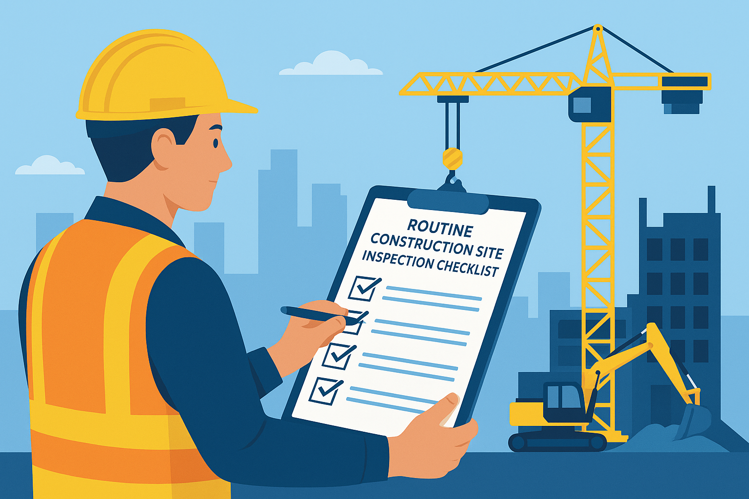 Flat vector illustration of a construction site inspection showing a safety inspector with PPE holding a checklist, crane, and excavator in background — symbolising digital safety management with DIGI CLIP.