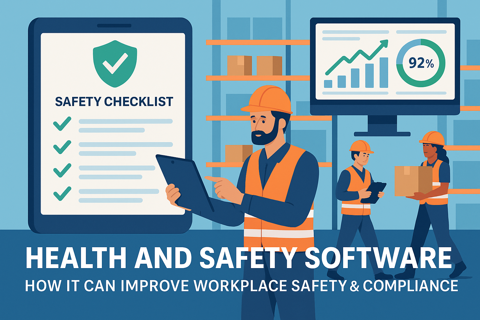 Workers using digital safety checklist on tablet in a warehouse, representing how health and safety software improves workplace safety and compliance.