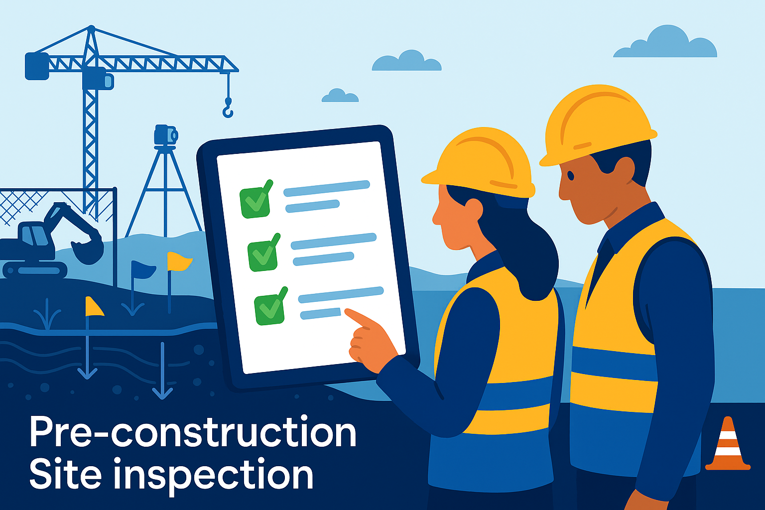 Two construction engineers in safety vests and helmets reviewing a digital checklist on a tablet during a pre-construction site inspection with cranes and excavator in the background.