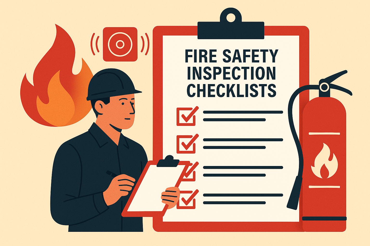 Flat vector illustration of a fire safety inspector with clipboard, fire extinguisher, and checklist