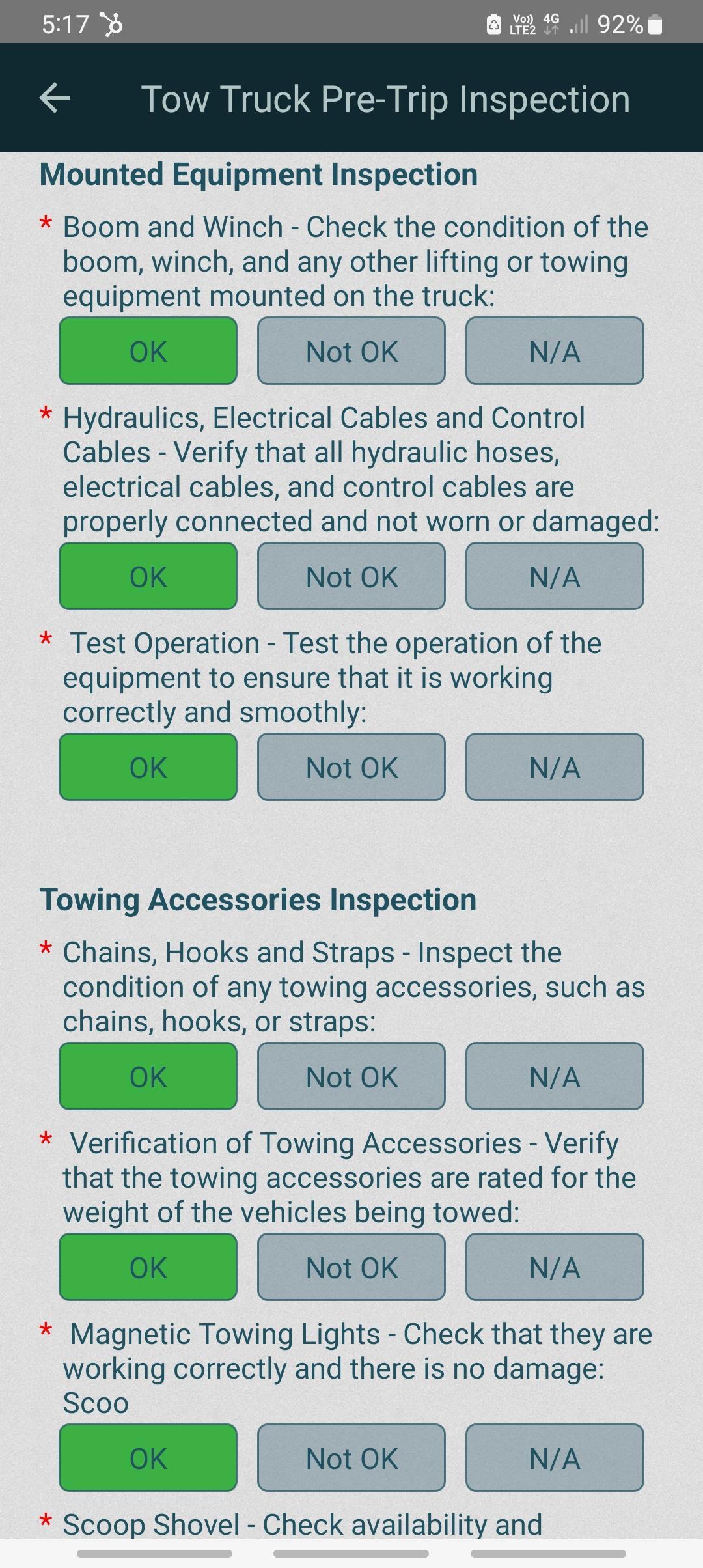 Pre-trip inspection for tow trucks