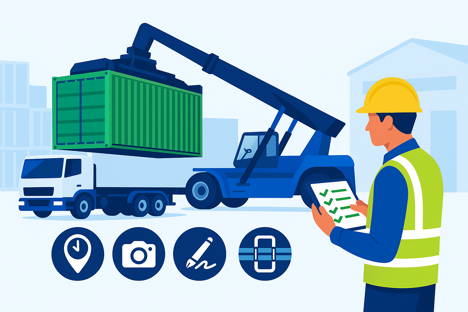 Container packing for CoR compliance—reach stacker loading a container while a worker checks a digital checklist with geo-time stamps, photos and e-signature.