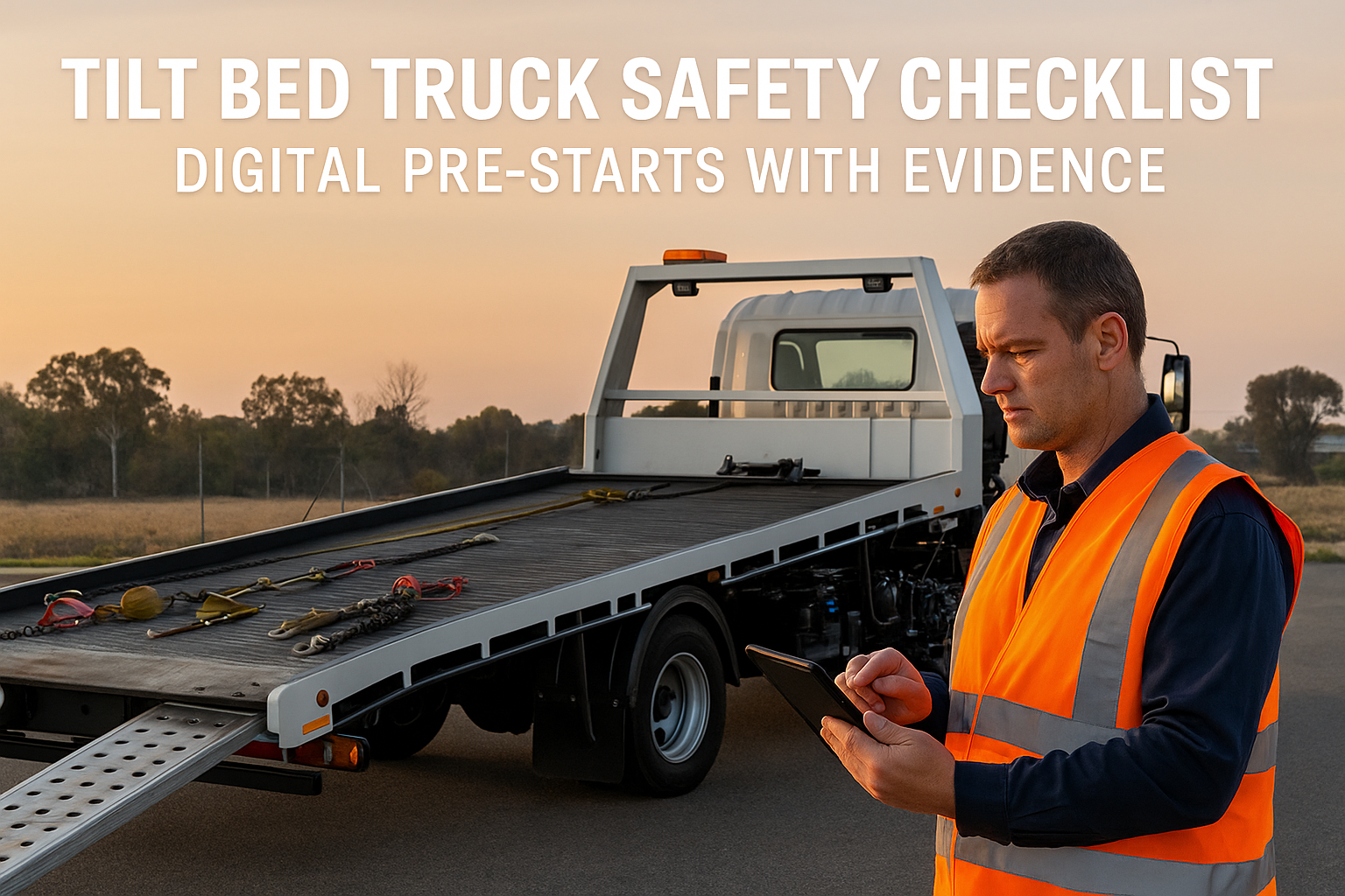 Driver completing a tilt bed truck safety checklist on a tablet beside a tilt tray with load restraint gear at sunrise.