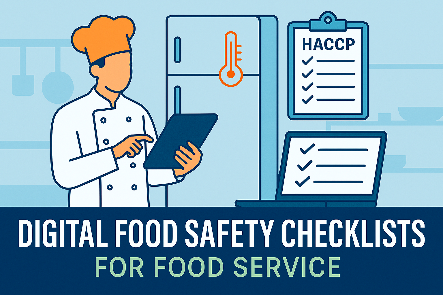 Flat vector illustration of a chef using a digital tablet to complete a food safety checklist in a commercial kitchen, with temperature logs and HACCP clipboard.