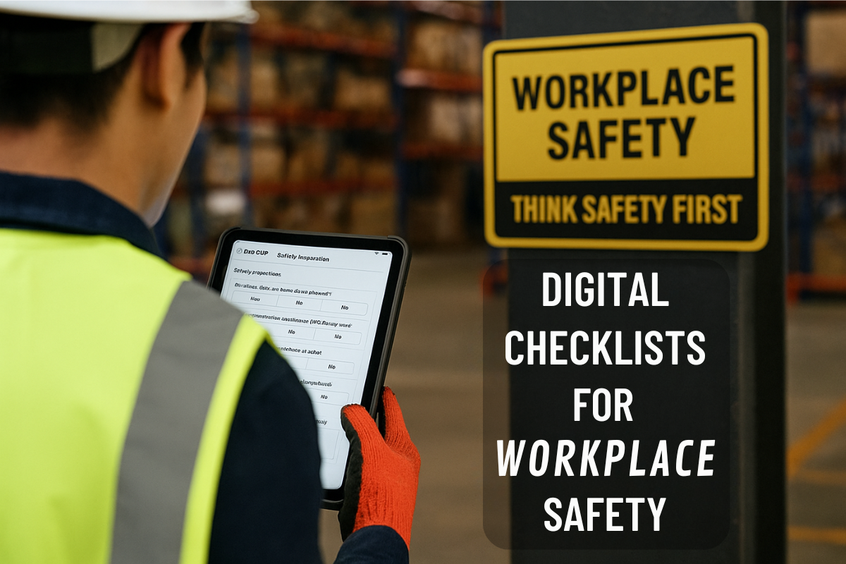Worker using a tablet for a digital safety checklist in a warehouse with a "Think Safety First" sign