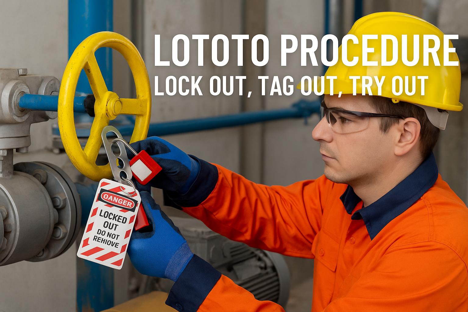 Worker performing LOTOTO safety procedure with lock, tag, and try out on industrial valve.