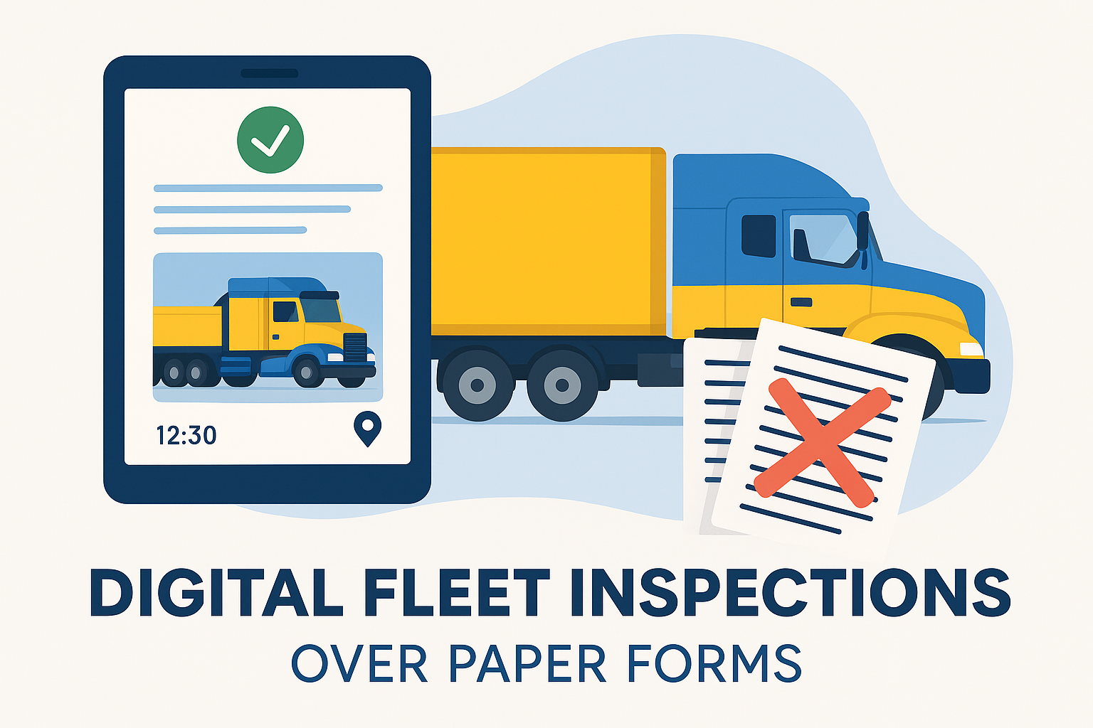 Flat vector illustration of a driver using a tablet for digital fleet inspections beside a heavy vehicle in Australia.