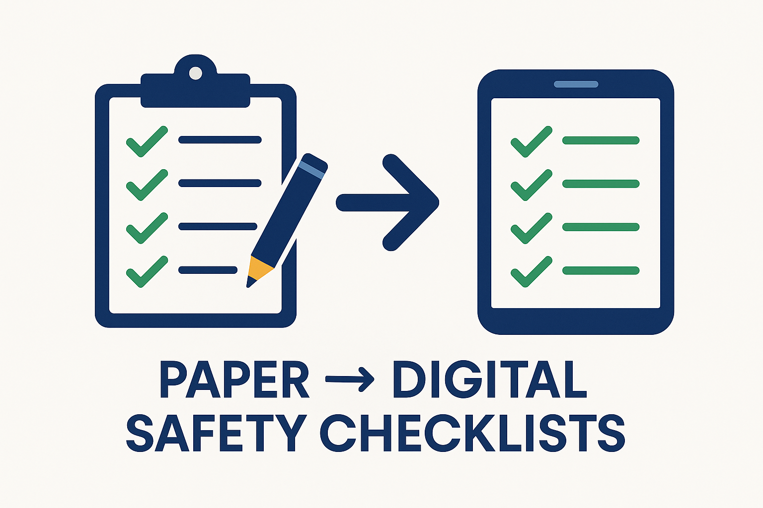 Flat vector illustration showing the transition from paper to digital safety checklists — a clipboard and pencil transforming into a tablet with digital tick marks.