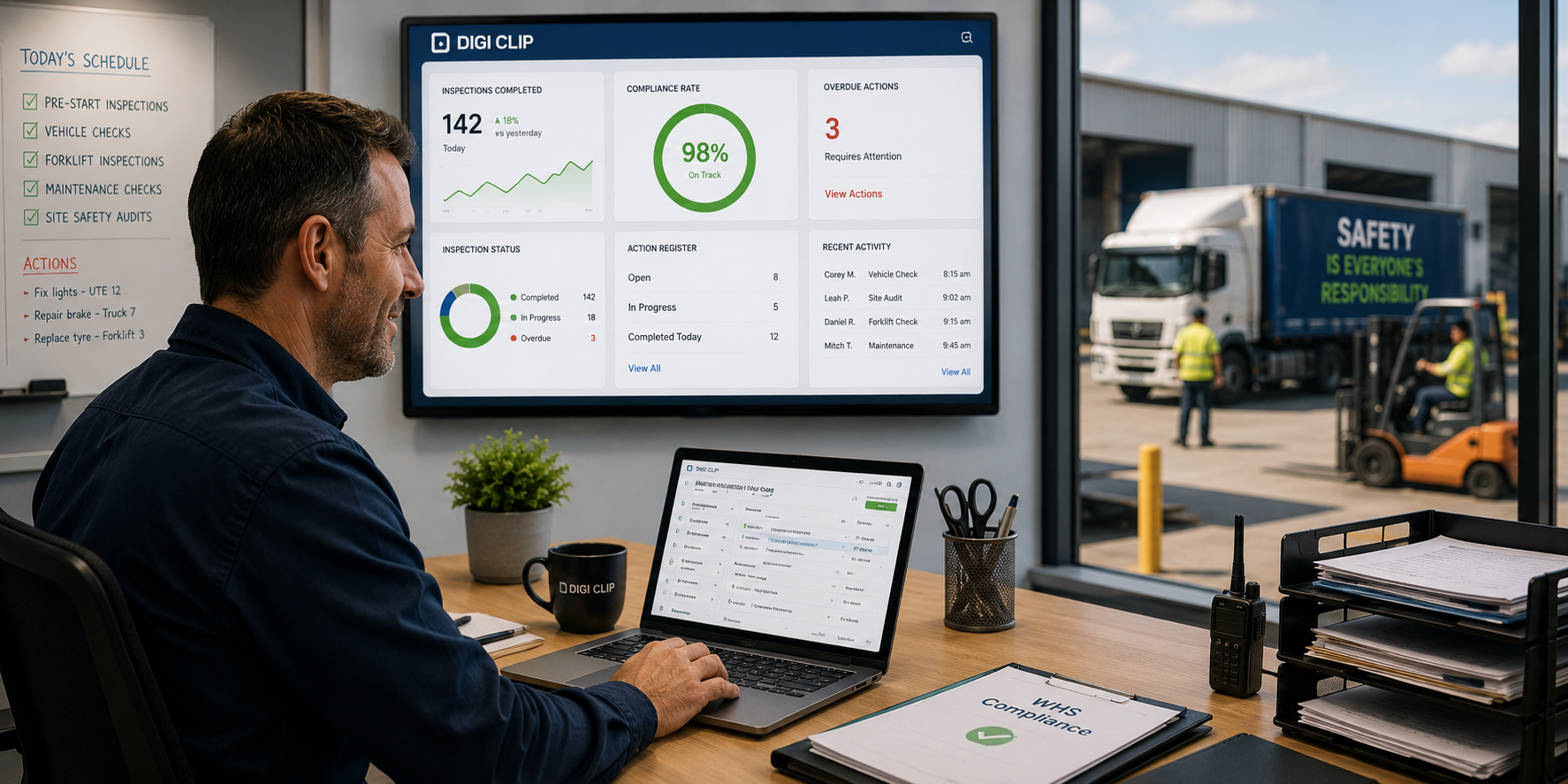 Manager reviewing digital inspection dashboard and compliance reports in a warehouse operation using DIGI CLIP mobile forms