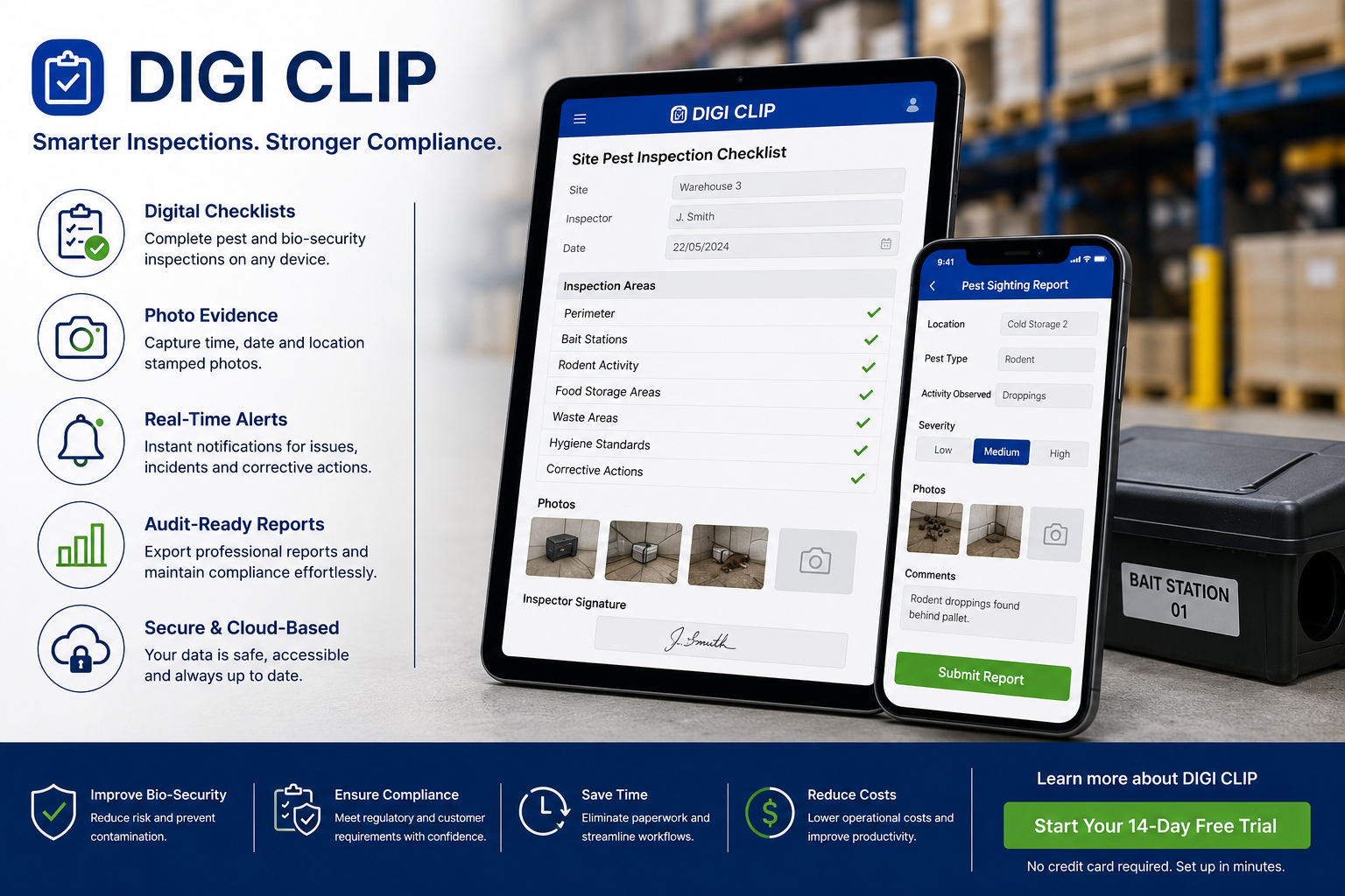 DIGI CLIP smart-field digital pest monitoring and bio-security inspection forms displayed on tablet and mobile devices