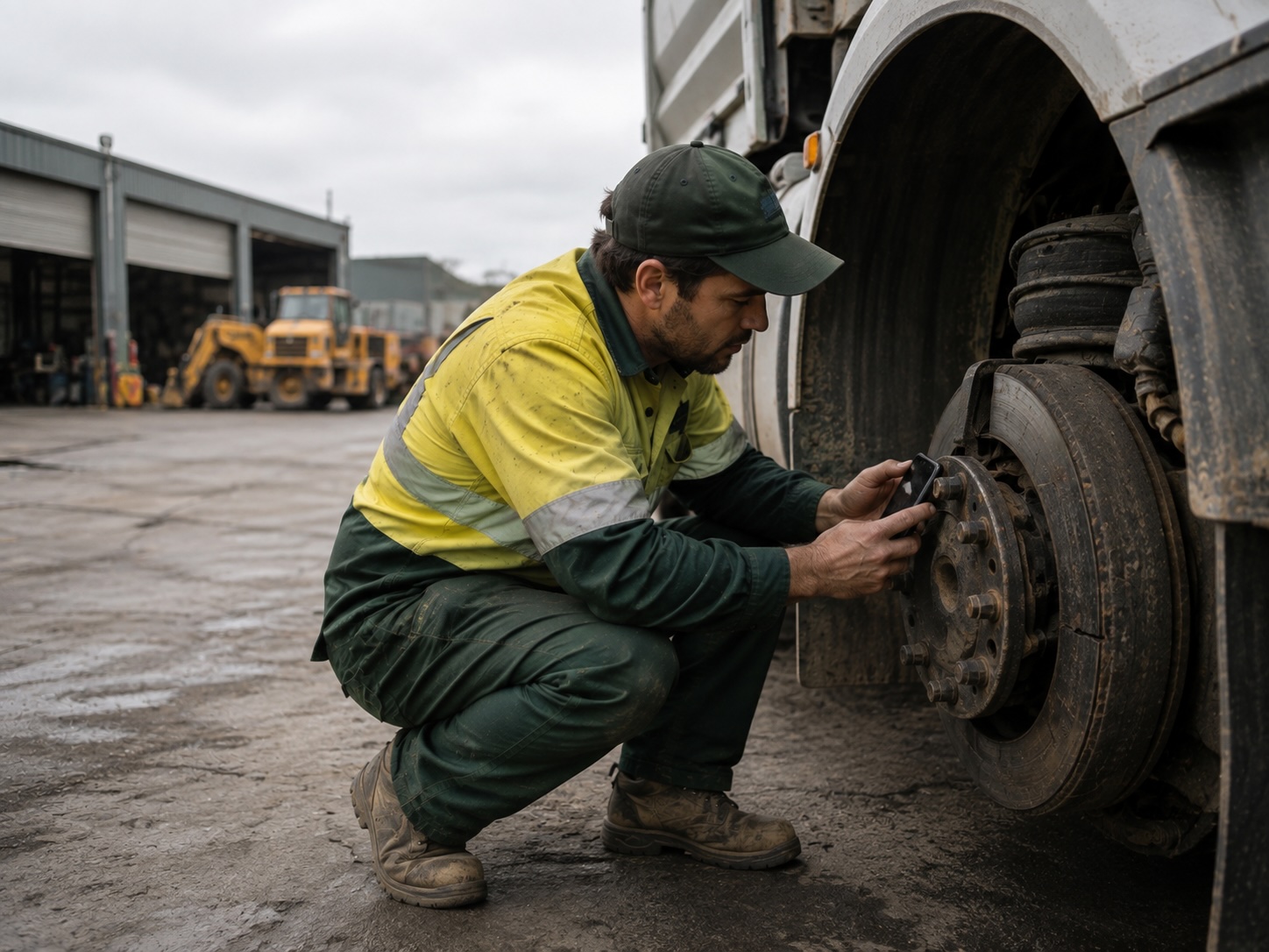 Technician using the DIGI CLIP app to photograph a wheel defect during a truck pre-start inspection