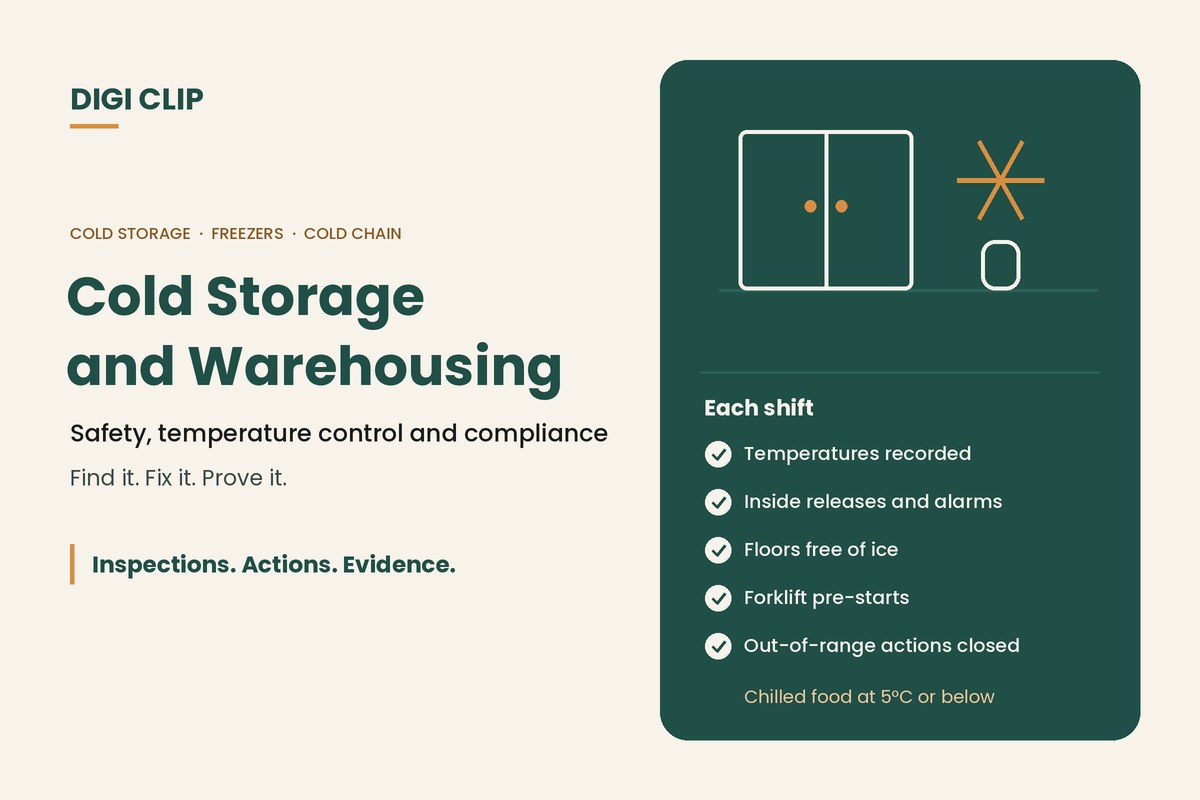 Cold storage and warehousing: cool room doors and snowflake illustration with shift checks
