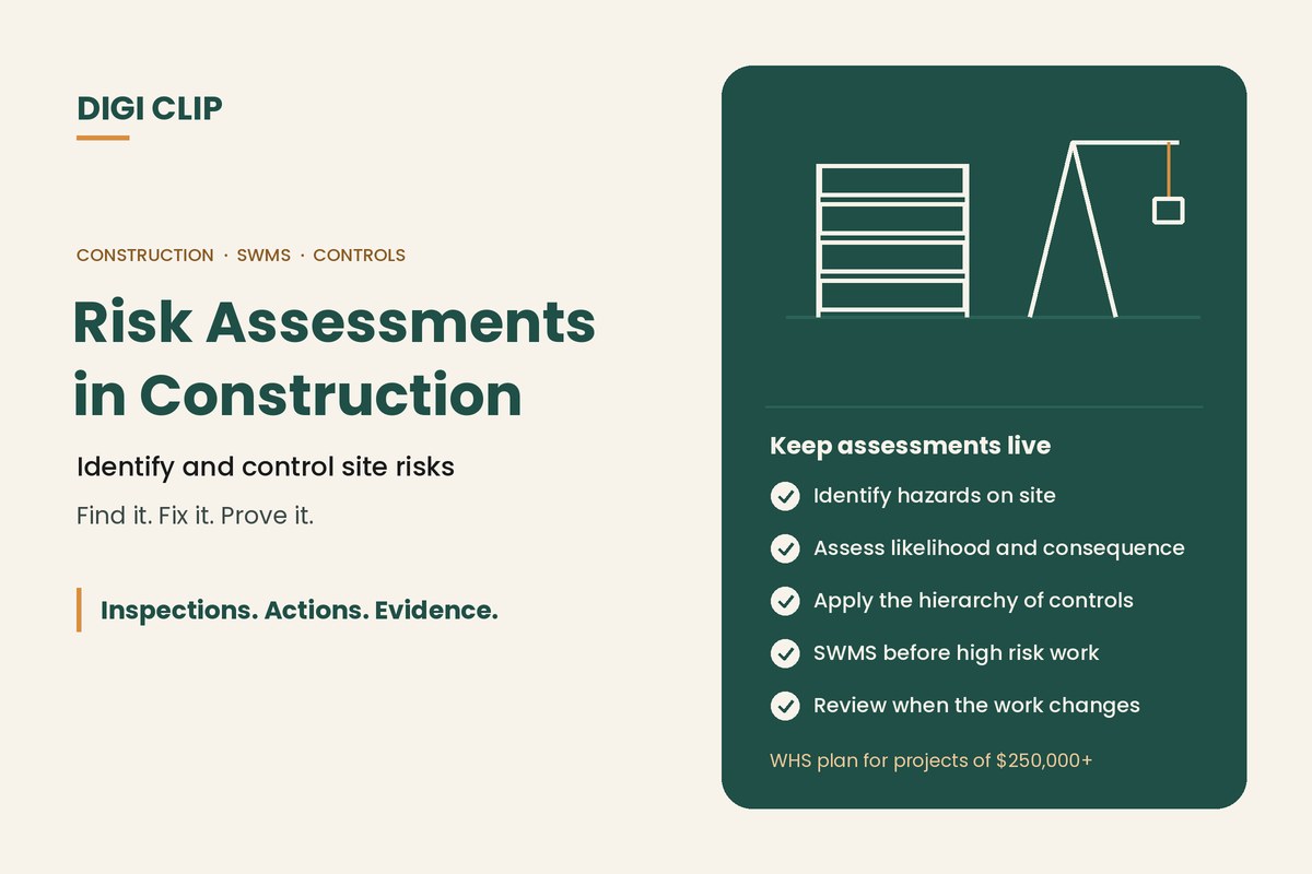 Risk assessments in construction: scaffold and crane illustration with risk control steps