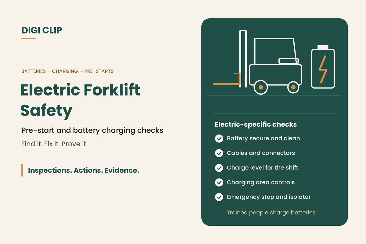 Electric forklift safety: battery, cables and connectors, charge level, charging area controls and emergency stop checks