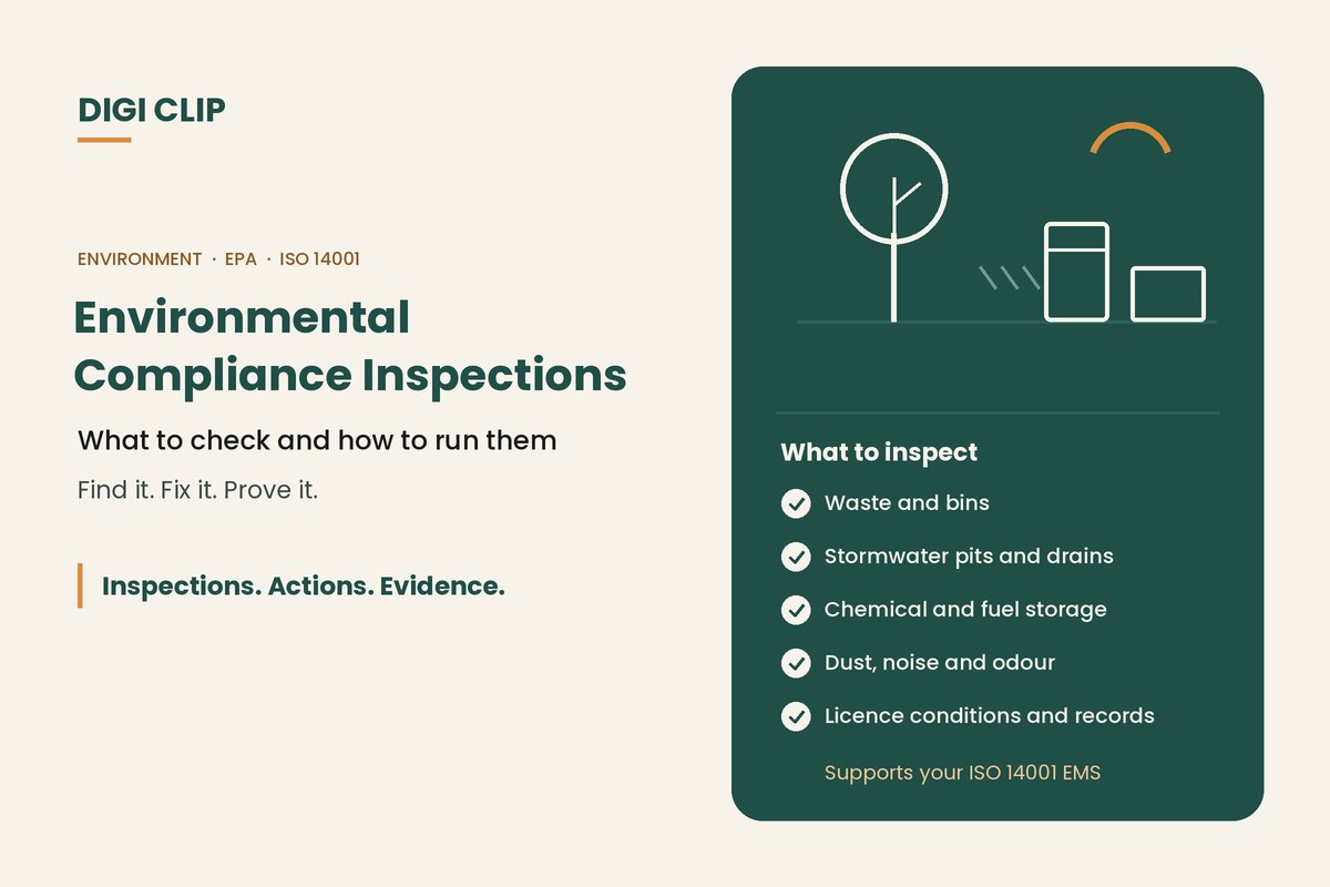Environmental compliance inspections: tree, bins and stormwater illustration with inspection checks