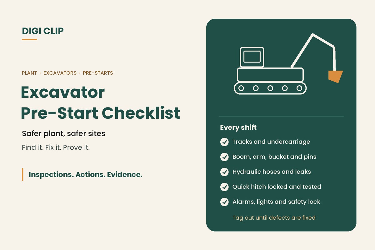 Excavator pre-start checklist: excavator illustration with daily checks