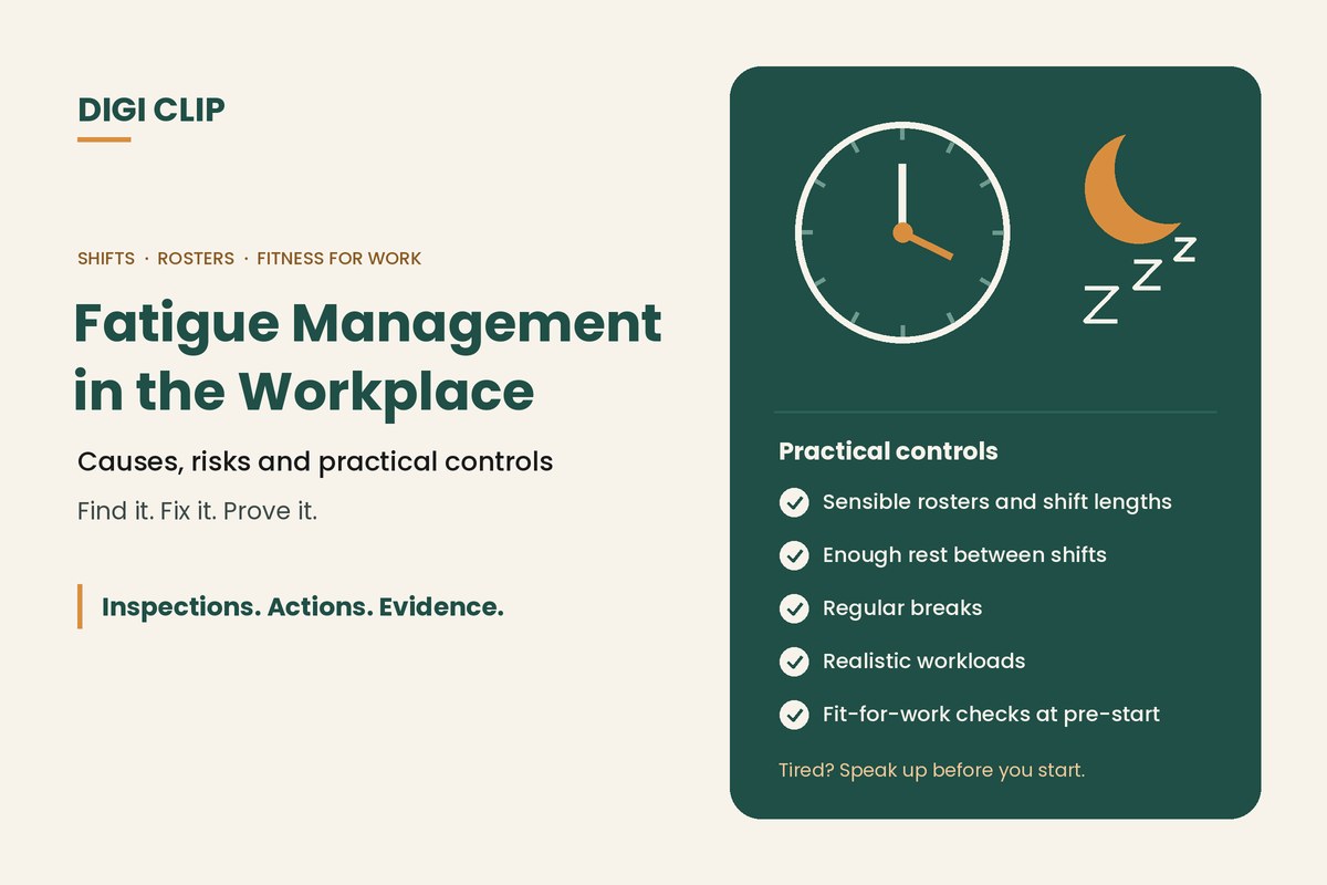 Fatigue management in the workplace: a clock and moon, with controls such as sensible rosters, rest between shifts and fit-for-work checks