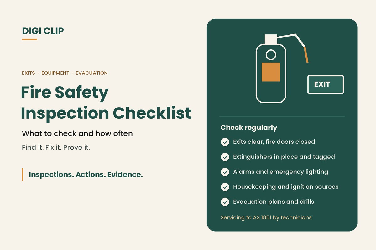 Fire safety inspection checklist: extinguisher and exit sign, covering exits, equipment, alarms, housekeeping and evacuation