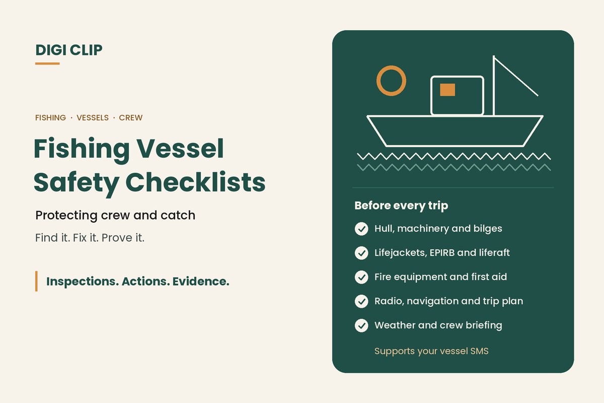 Commercial fishing vessel safety checklist illustration with pre-departure checks