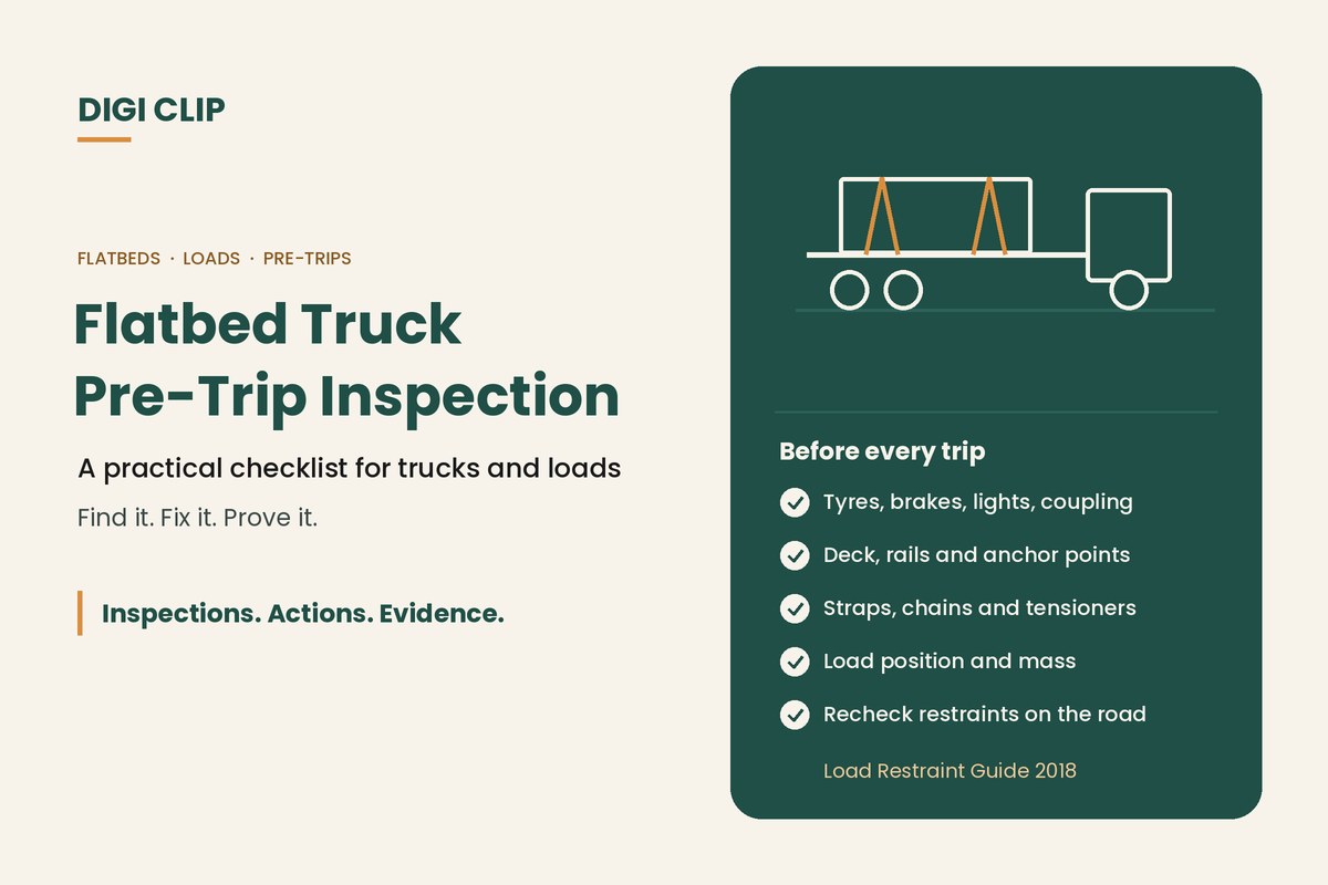 Flatbed truck pre-trip inspection: truck and restrained load illustration with checklist