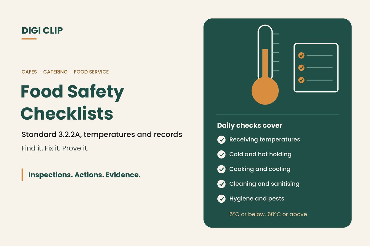 Food safety checklists: a thermometer and a daily checklist for receiving, holding, cooking, cleaning and hygiene