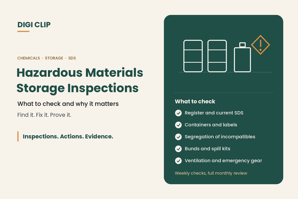 Hazardous materials storage: drums and hazard sign illustration with storage checks