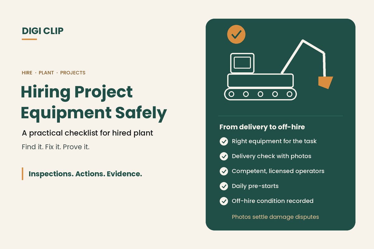 Hiring project equipment safely: excavator illustration with hire checklist
