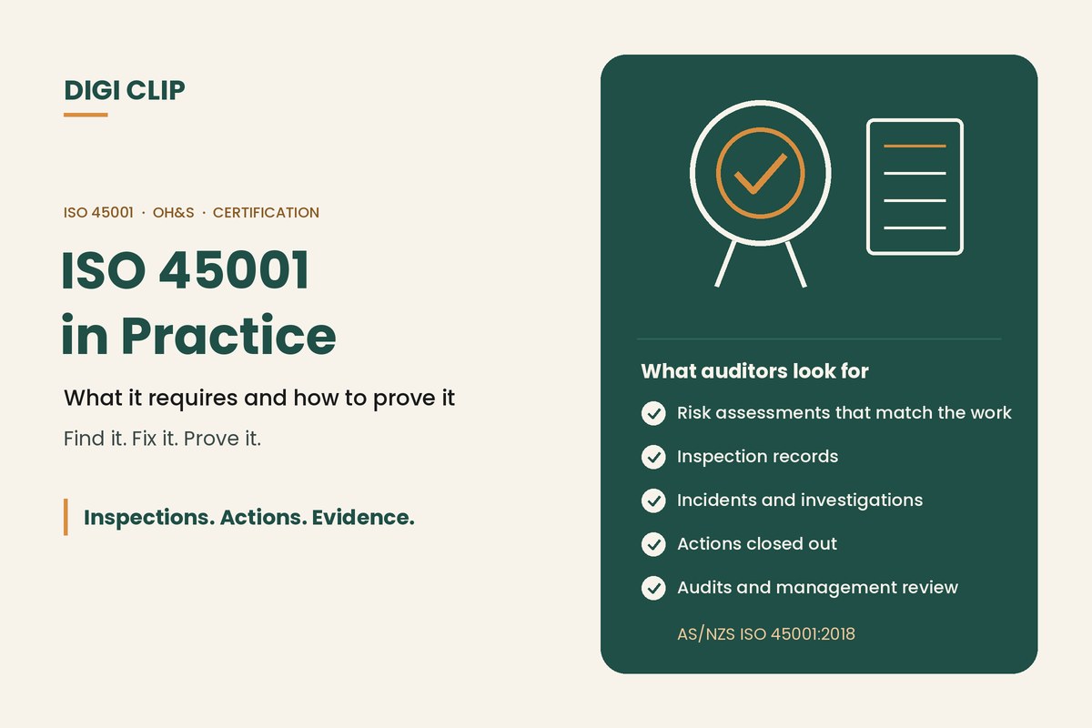 ISO 45001 in practice: certification seal and records illustration