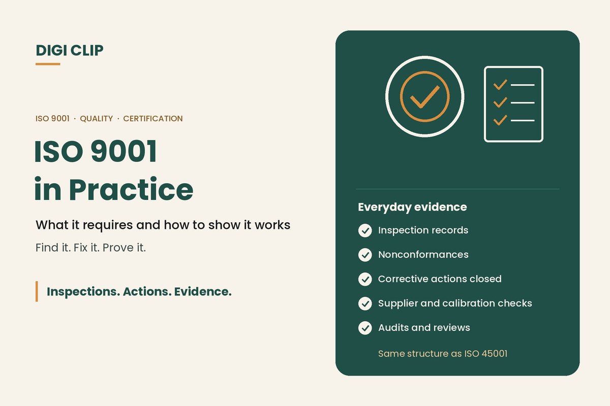 ISO 9001 in practice: quality seal and checklist illustration